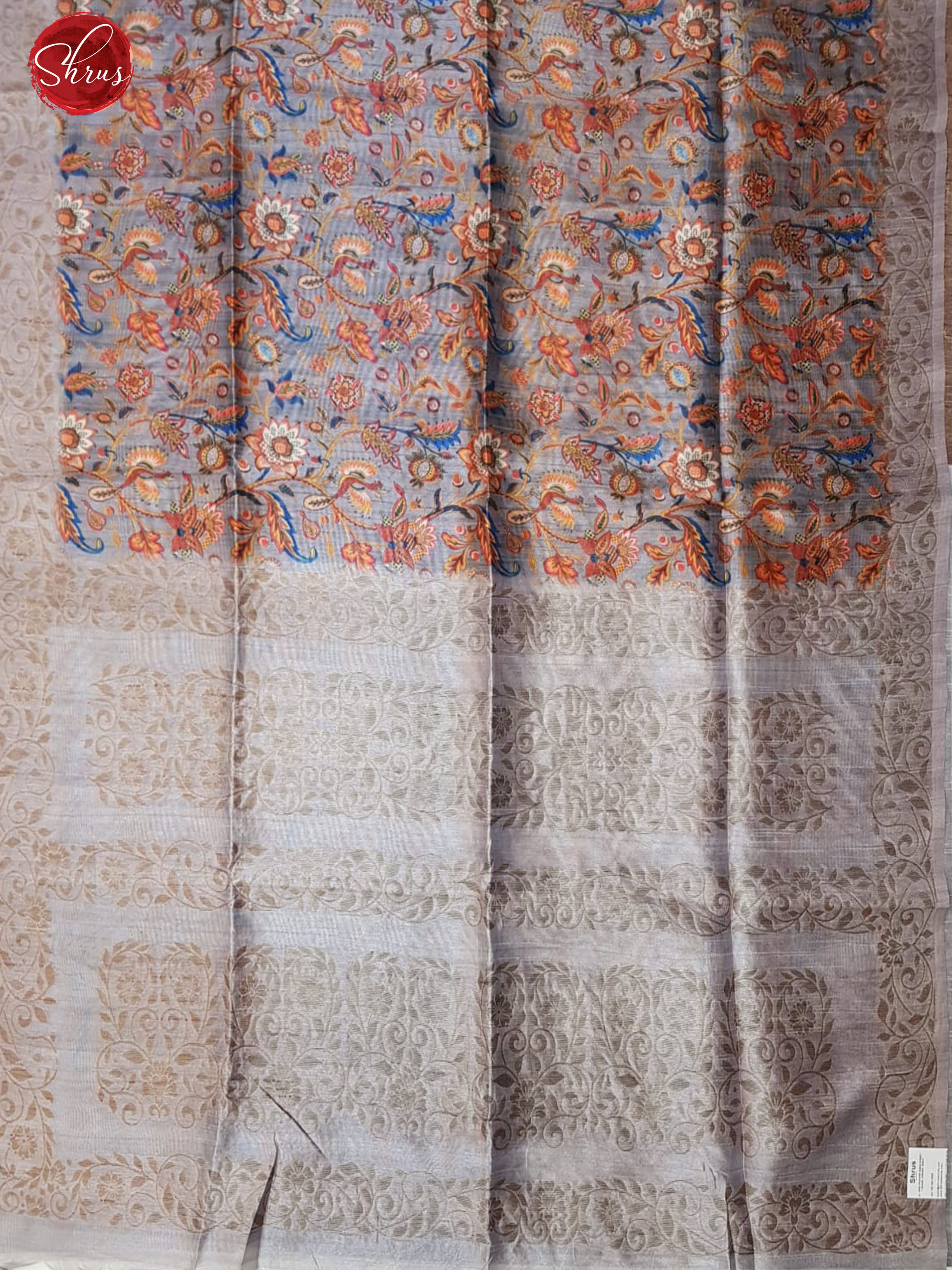 Grey(Single Tone)- Semi Tussar with kalamkari floral print on the body& Border - Shop on ShrusEternity.com