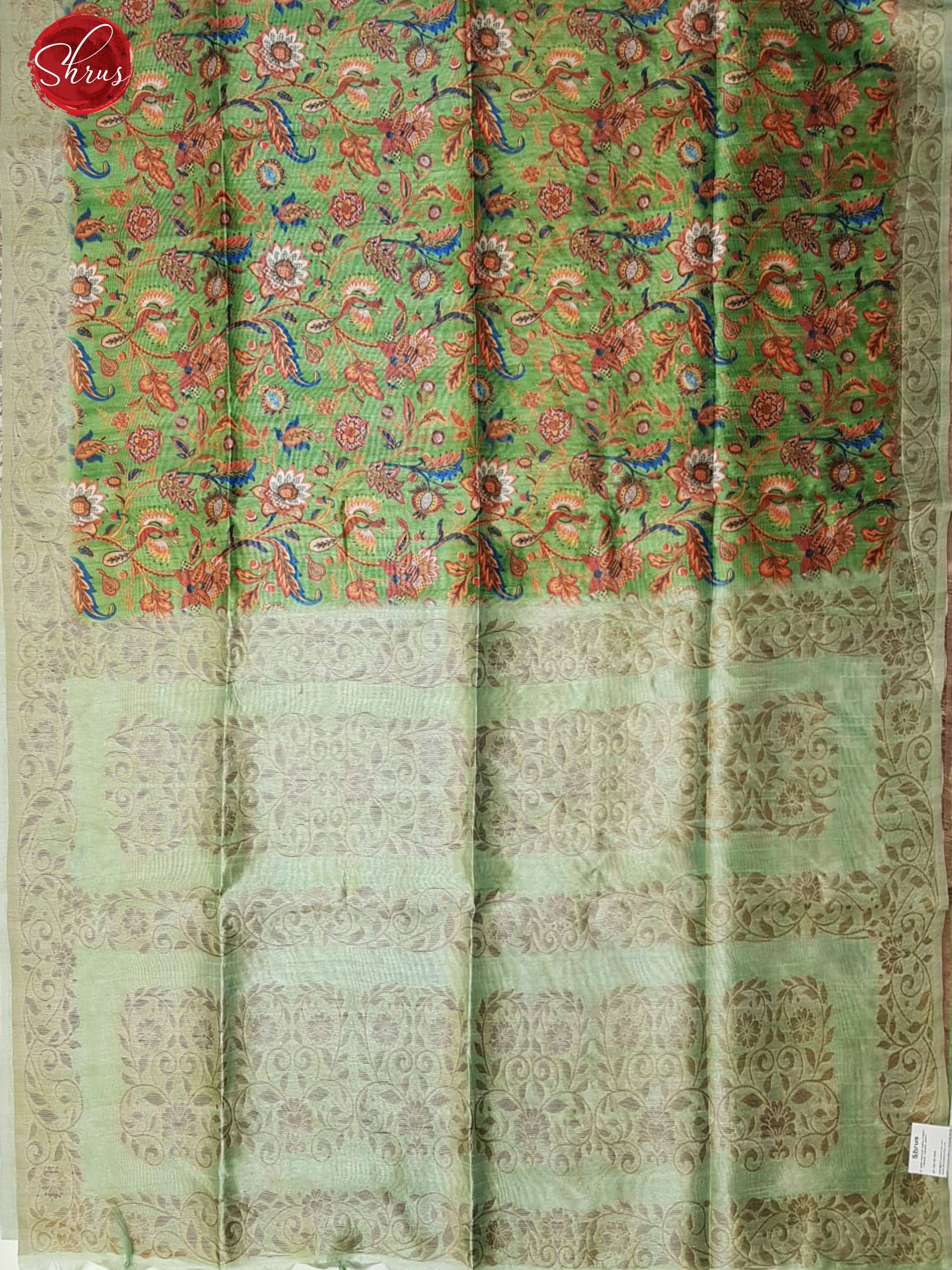 Green(Single Tone)- Semi Tussar with floral Print on the body& Zari Border - Shop on ShrusEternity.com