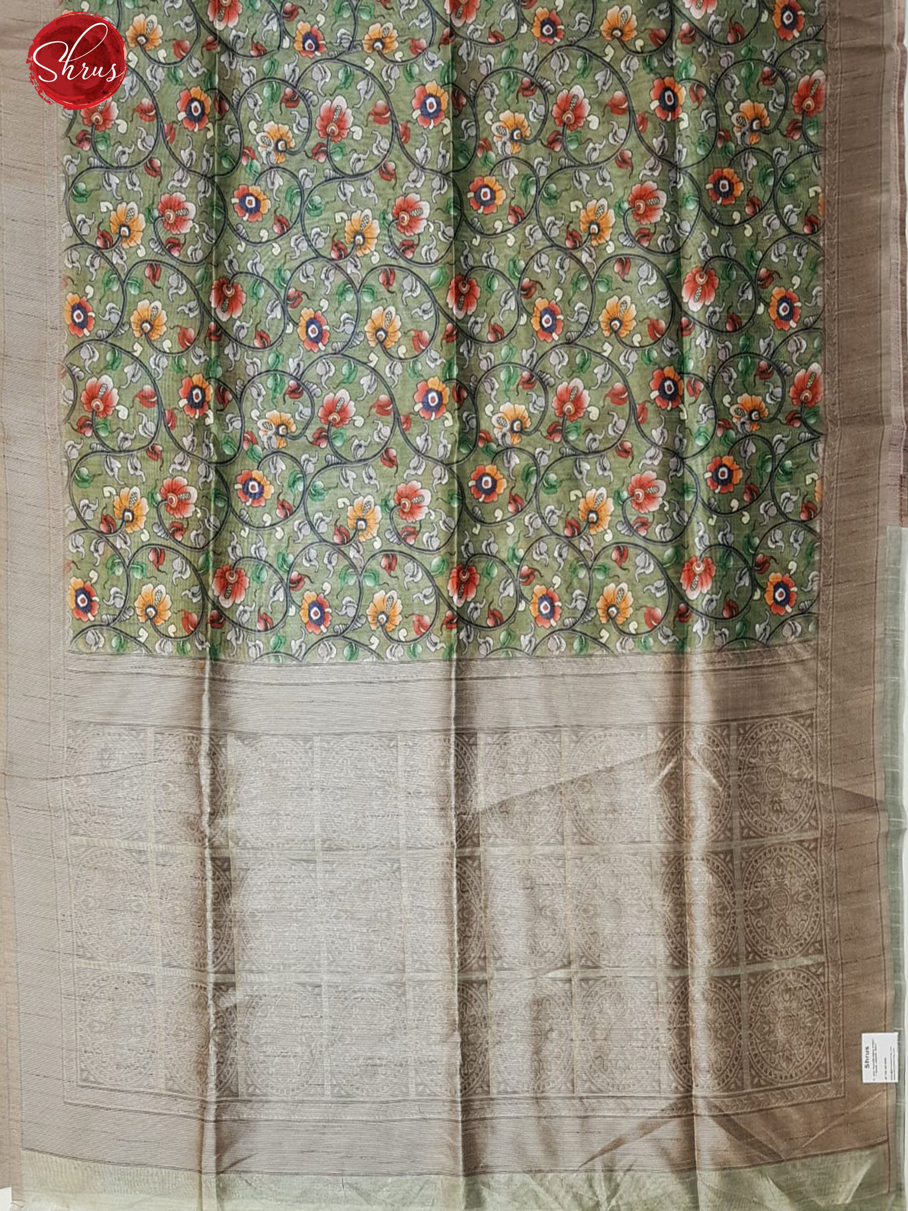 Green(Single Tone)- Semi Tussar with floral print  on the body & Zari Border - Shop on ShrusEternity.com
