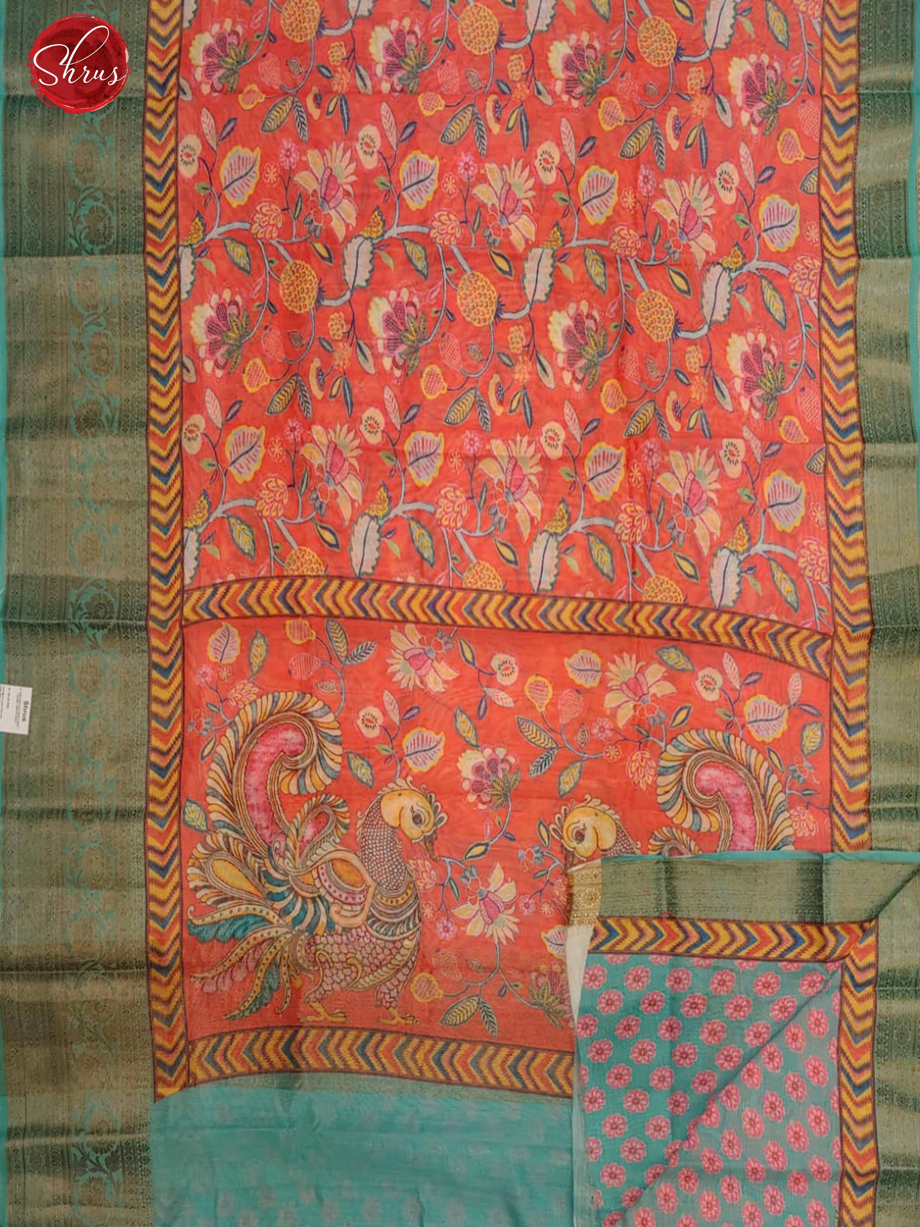 Red & Teal Blue  - Semi Chanderi with floral print on the body & Zari Border - Shop on ShrusEternity.com