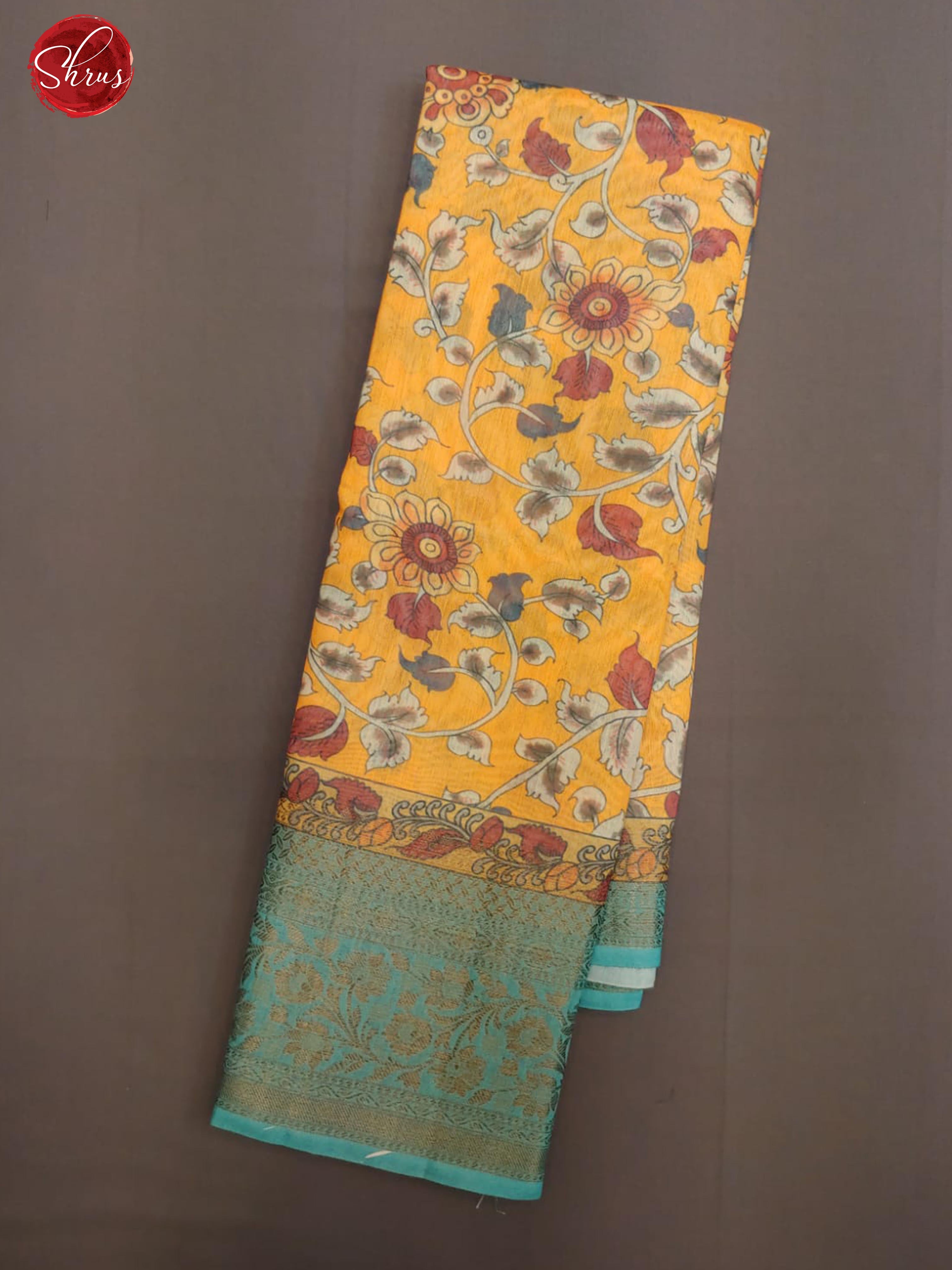 Yellow & Sea Blue -  Semi Chanderi with floral print on the body & Contrast  Zari Border - Shop on ShrusEternity.com