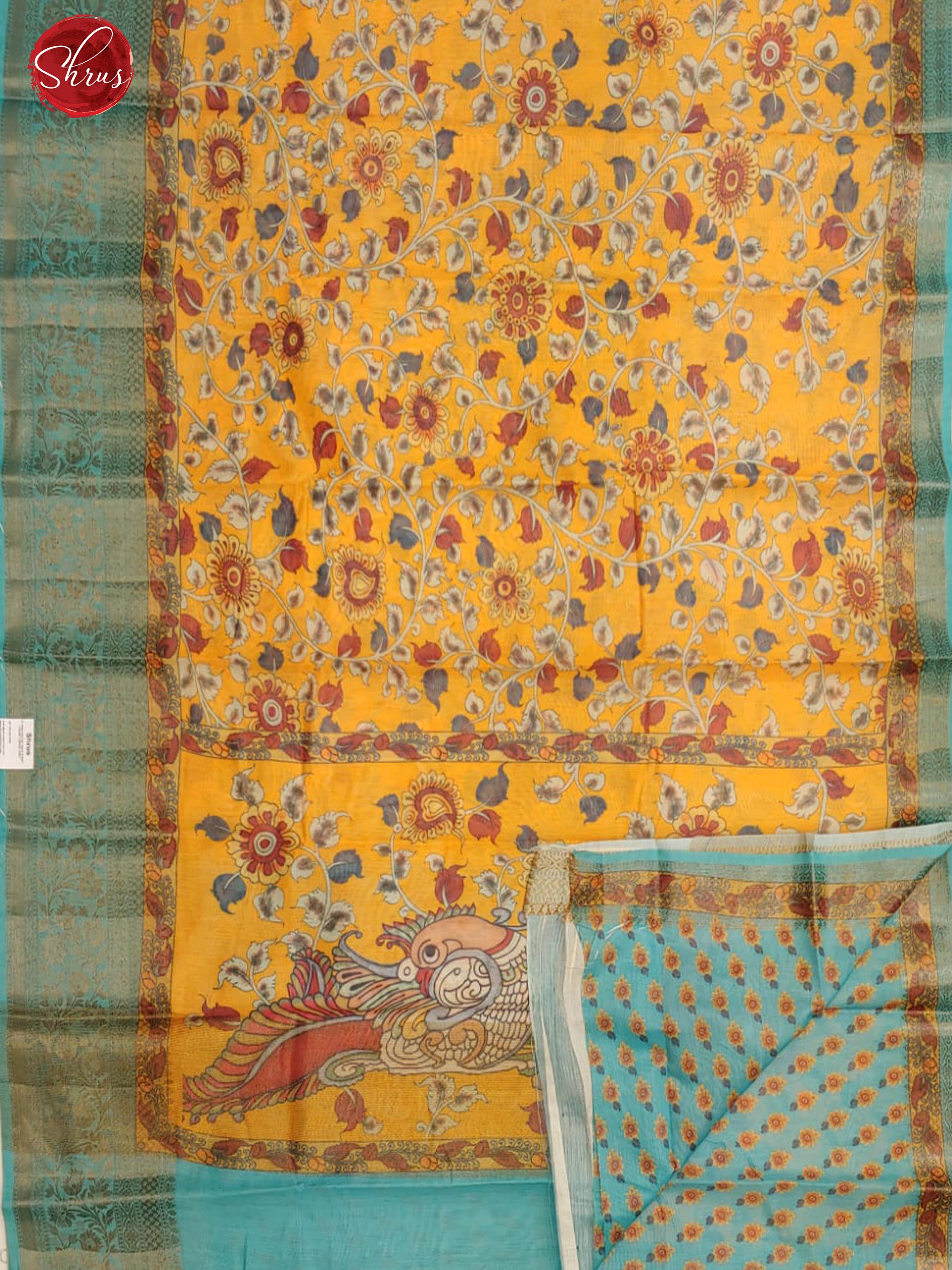 Yellow & Sea Blue -  Semi Chanderi with floral print on the body & Contrast  Zari Border - Shop on ShrusEternity.com