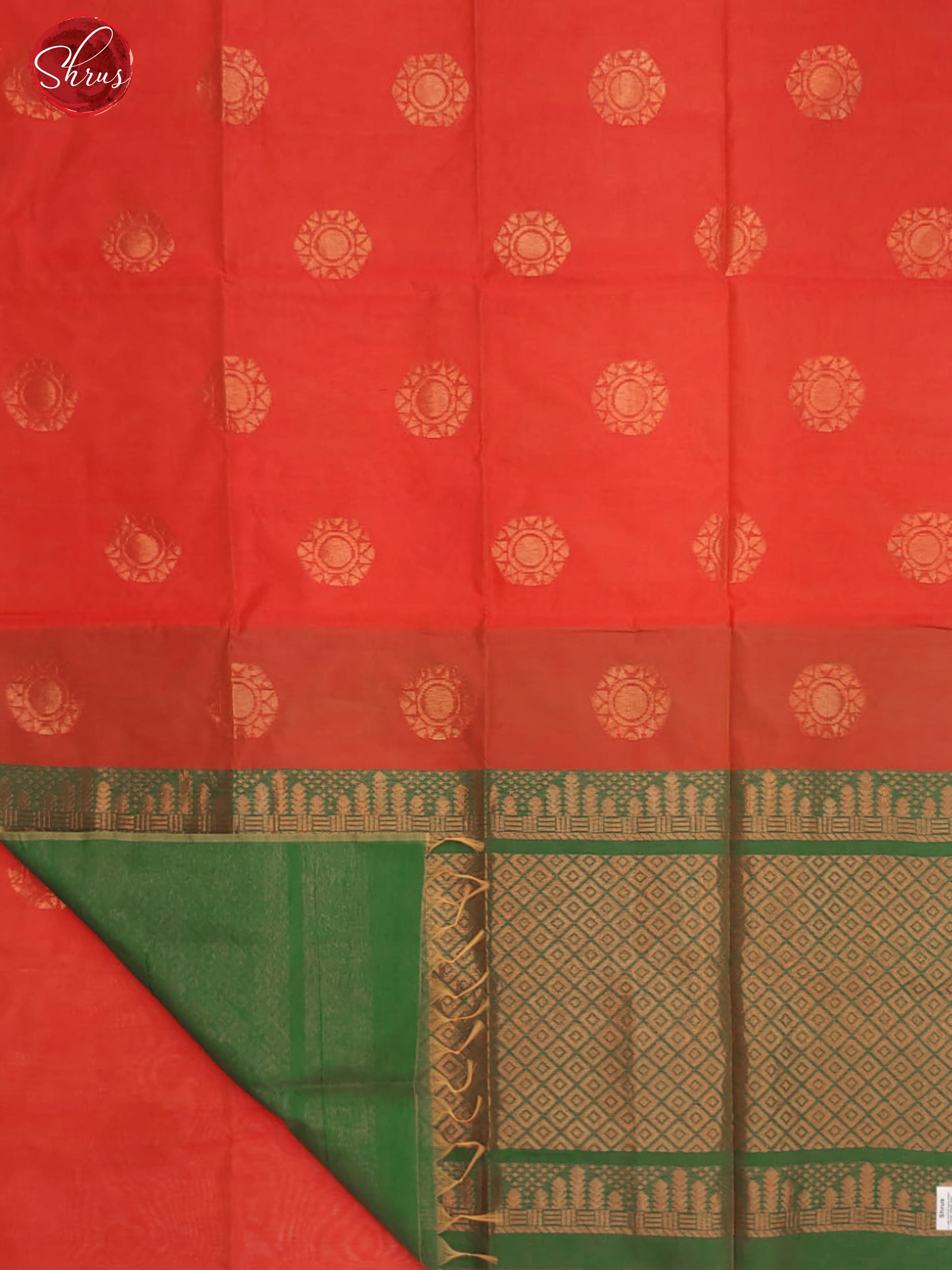 Orange & Green -Borderless Semi Silk Cotton with zari woven  floral motifs on the body - Shop on ShrusEternity.com