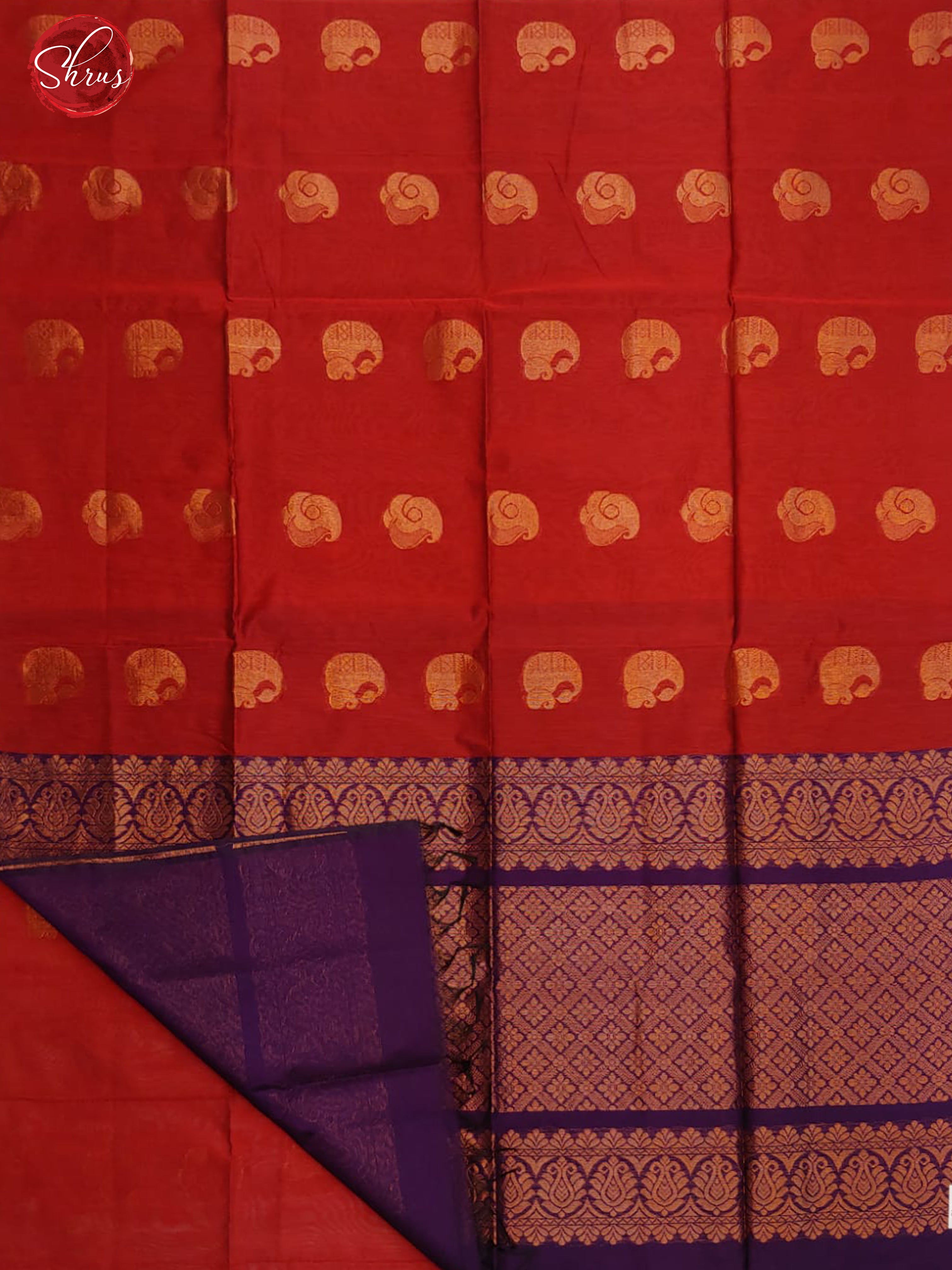 Red & Violet -Borderless Semi Silk Cotton with zari woven  floral paisleys motifs on the body - Shop on ShrusEternity.com