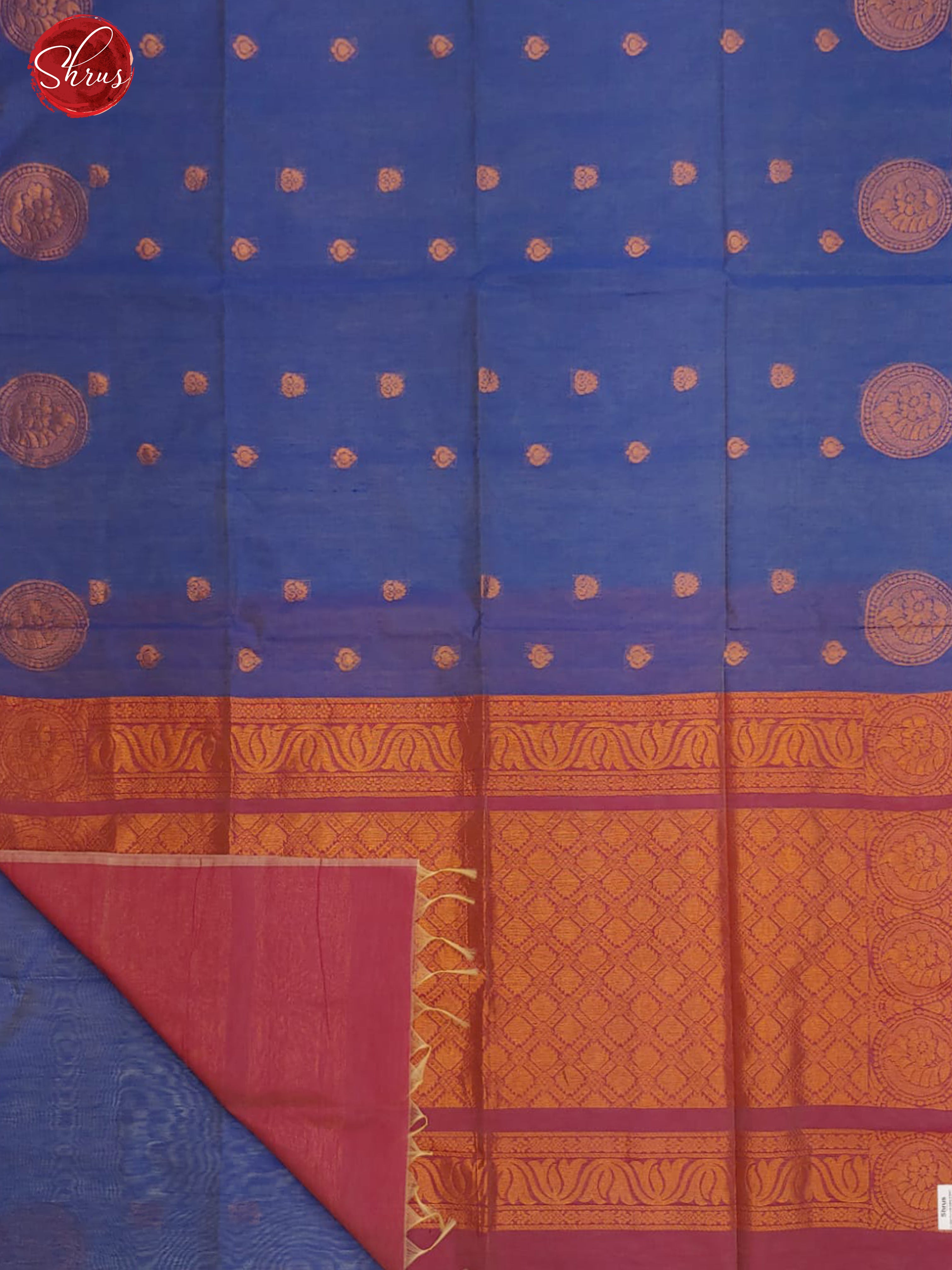 Blue & Pink - Borderless Semi Silk Cotton with zari woven  floral motifs on the body - Shop on ShrusEternity.com