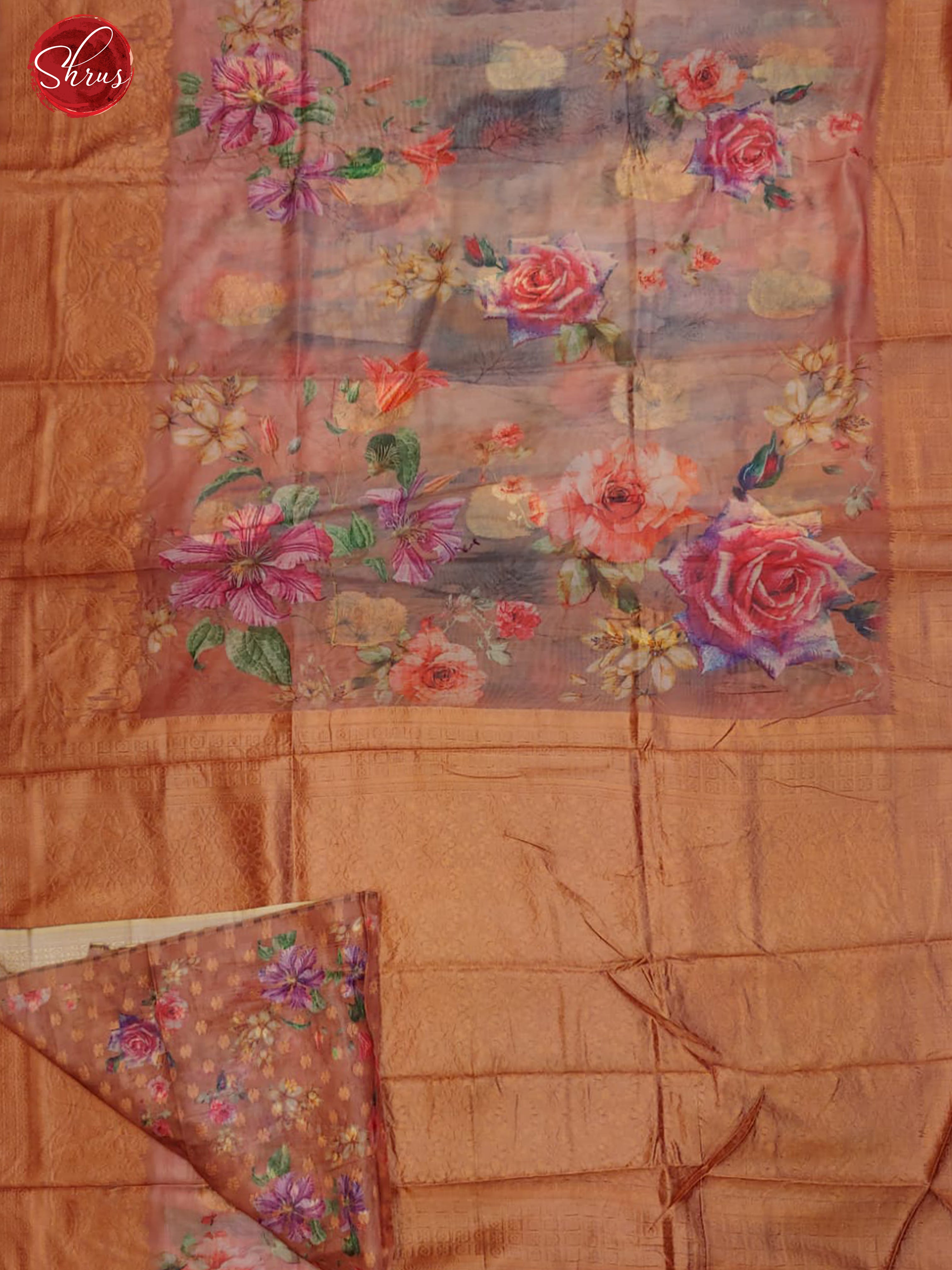 Multicolor & Brick -Semi Jute with digital floral print on the body & Zari Border - Shop on ShrusEternity.com
