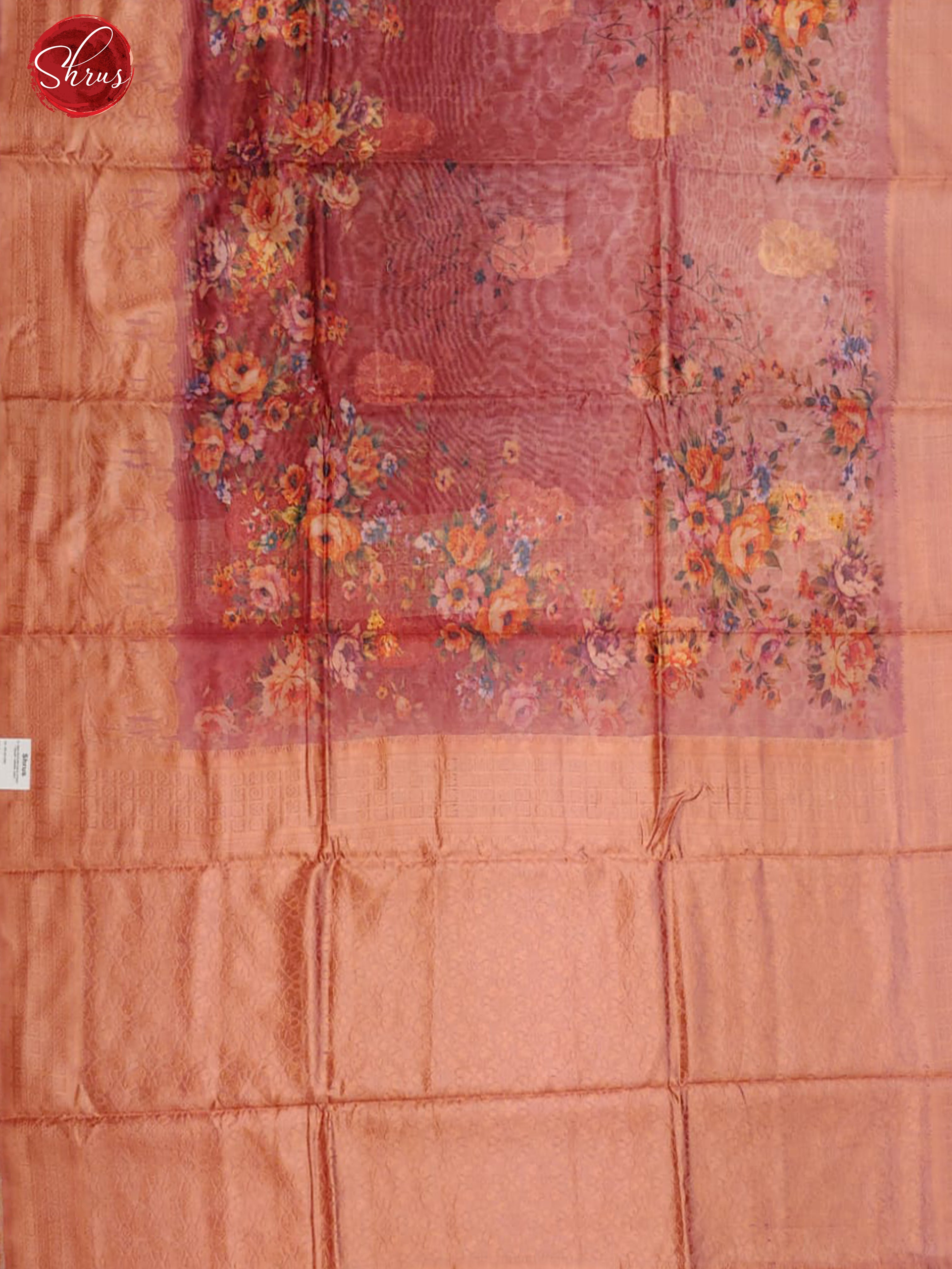 Maroon & Peach -Semi Jute with digital floral print on the body & Zari Border - Shop on ShrusEternity.com