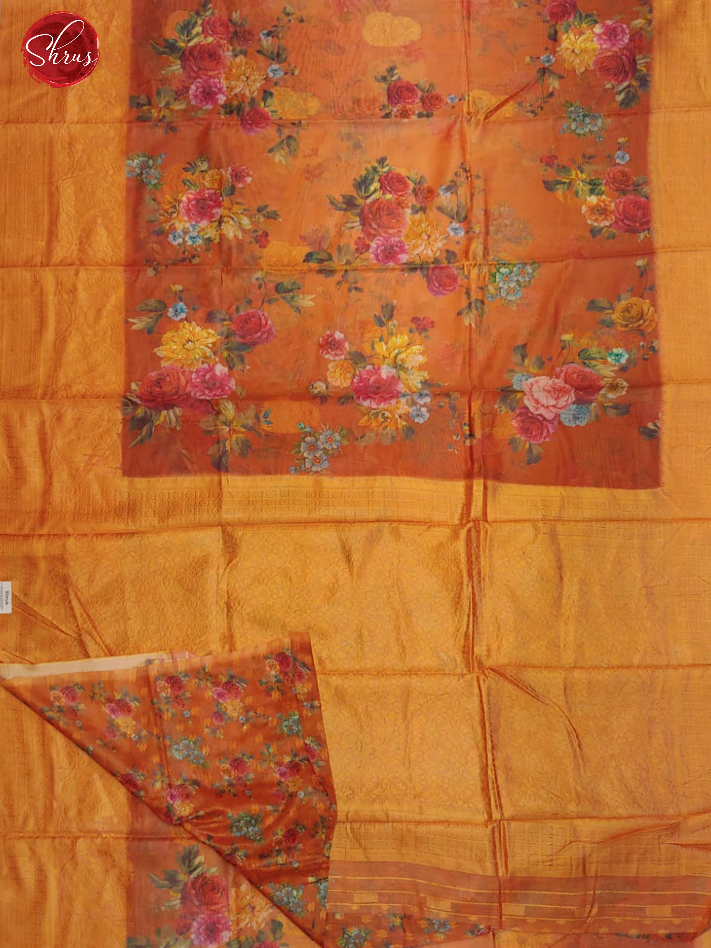 Orange(Single Tone)- Semi Jute with digital floral print on the body & Zari Border - Shop on ShrusEternity.com