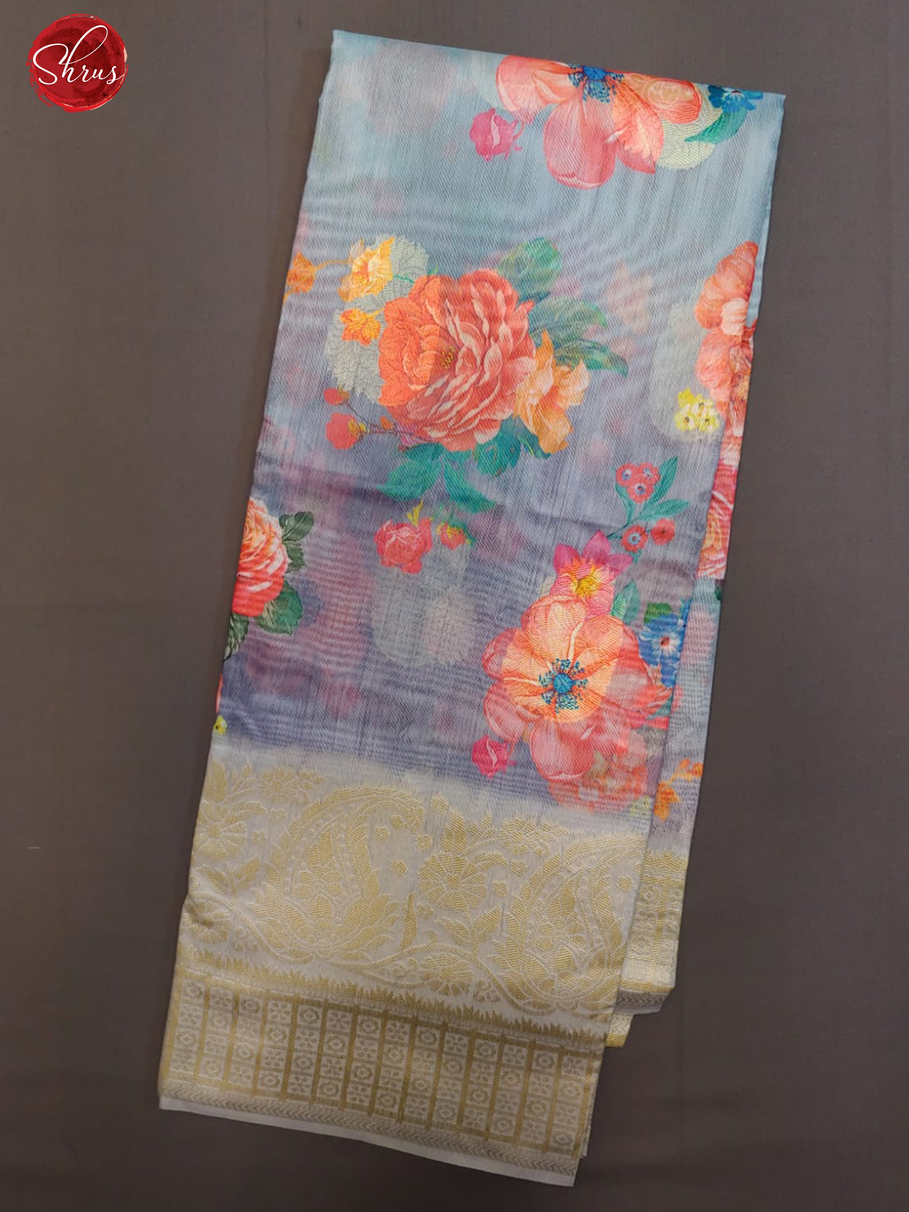 Bluish Grey(Single Tone)- Semi Jute with digital floral print on the body & Zari Border - Shop on ShrusEternity.com
