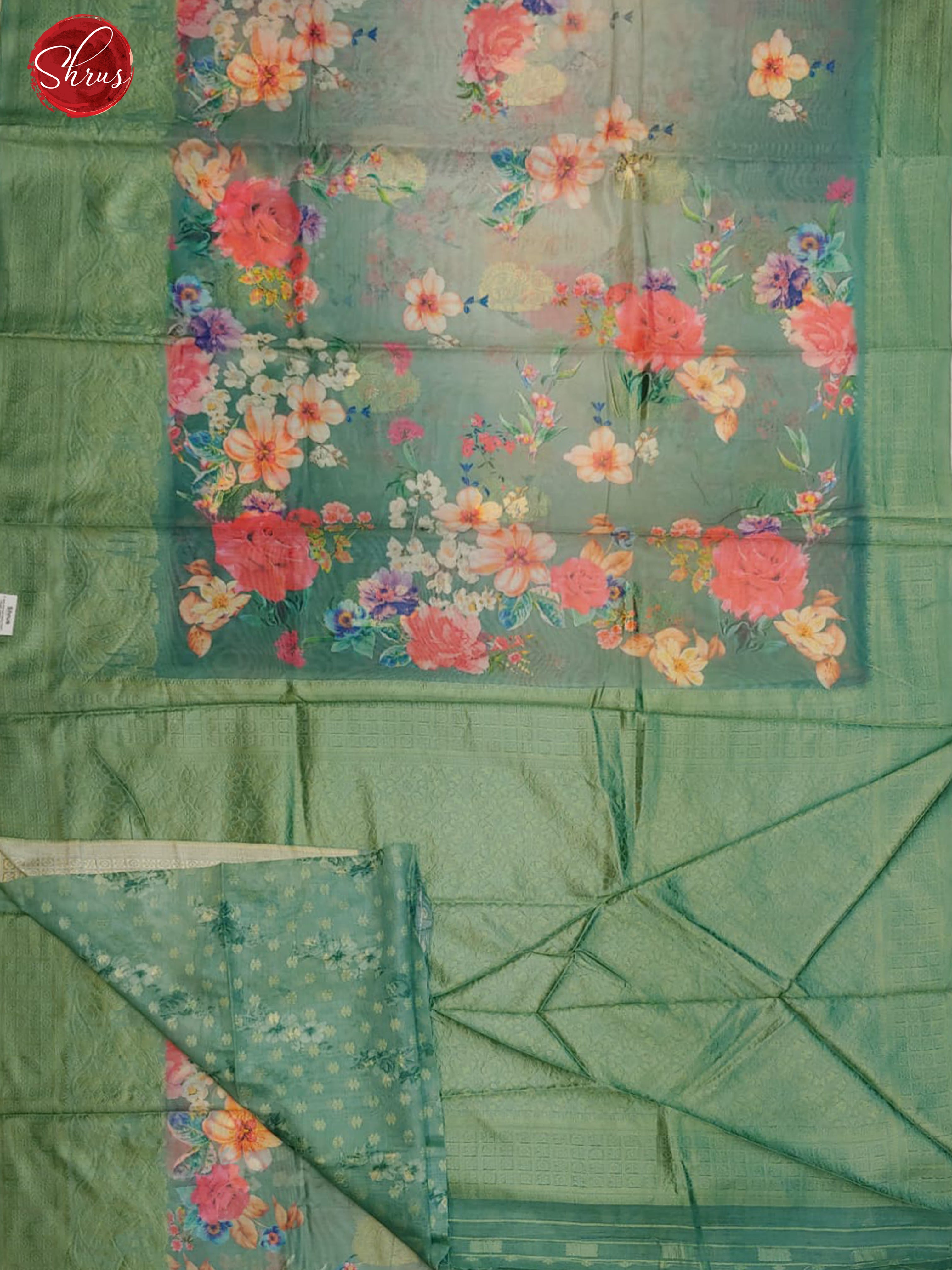 Pastel Green(Single Tone)-  Semi Jute with digital floral print on the body & Zari Border - Shop on ShrusEternity.com
