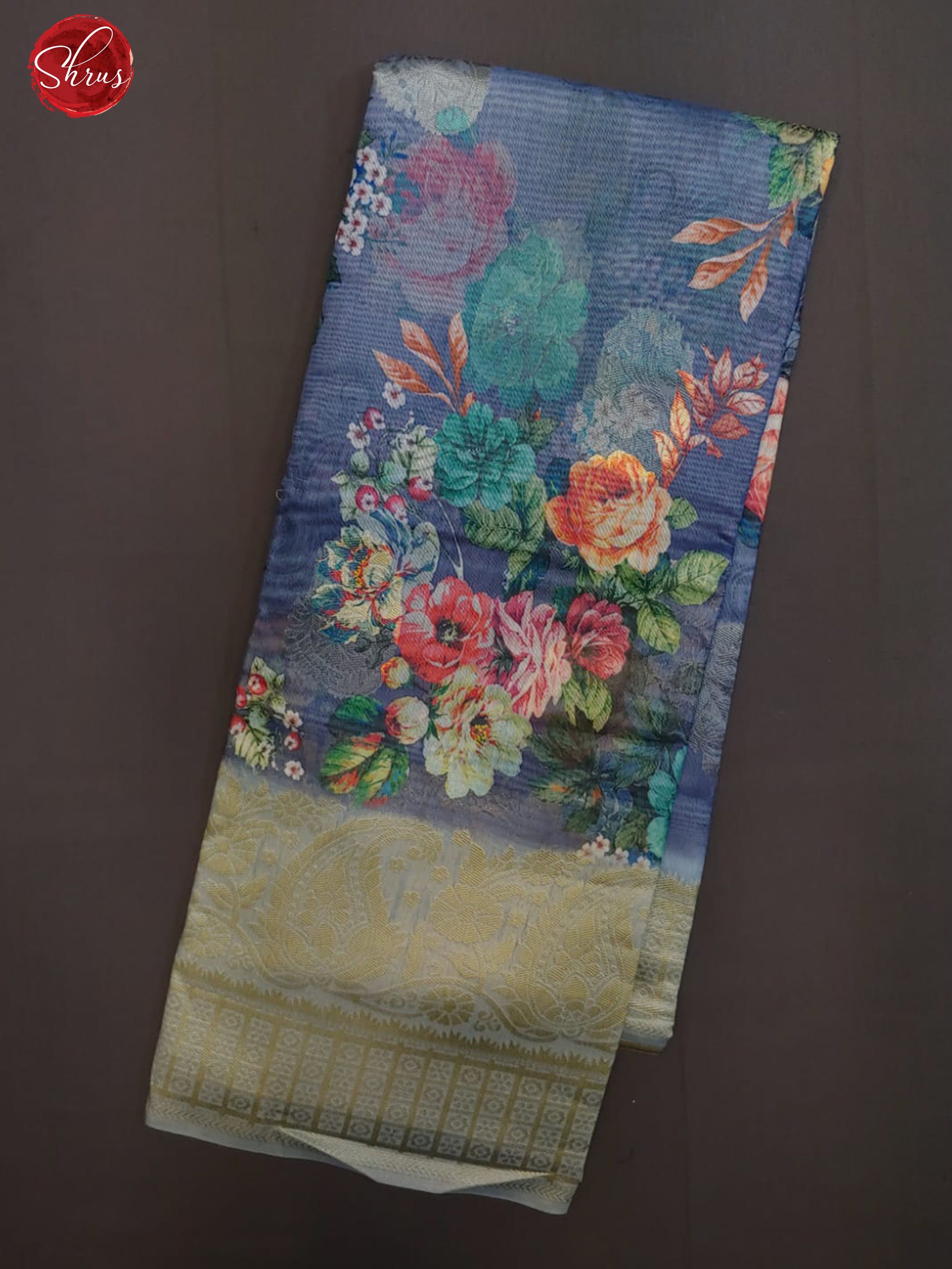 Blue & Grey -  Semi Jute with digital floral print on the body & Zari Border - Shop on ShrusEternity.com