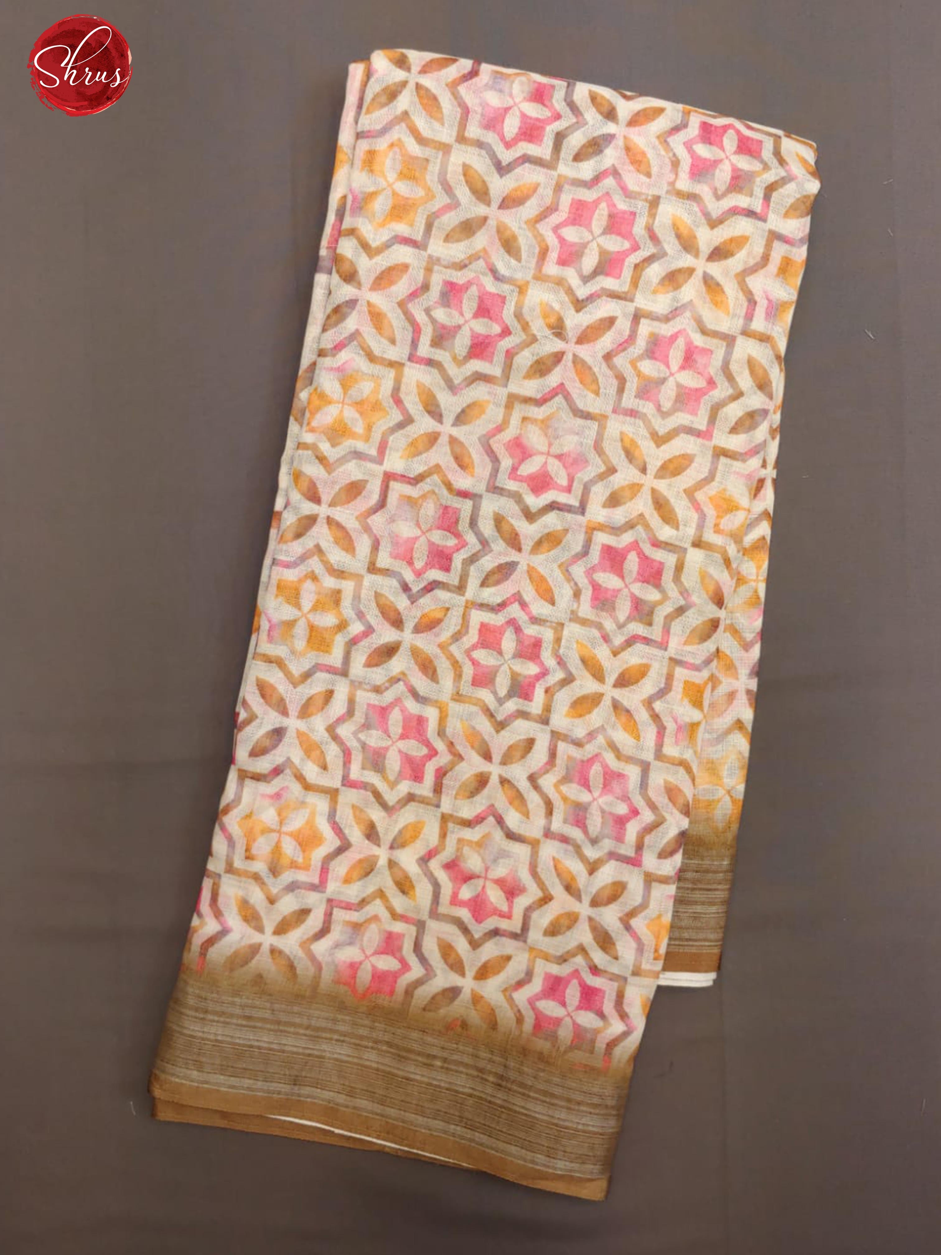 Cream & Brown - Art Linen with floral pattern on the body& Zari Border - Shop on ShrusEternity.com