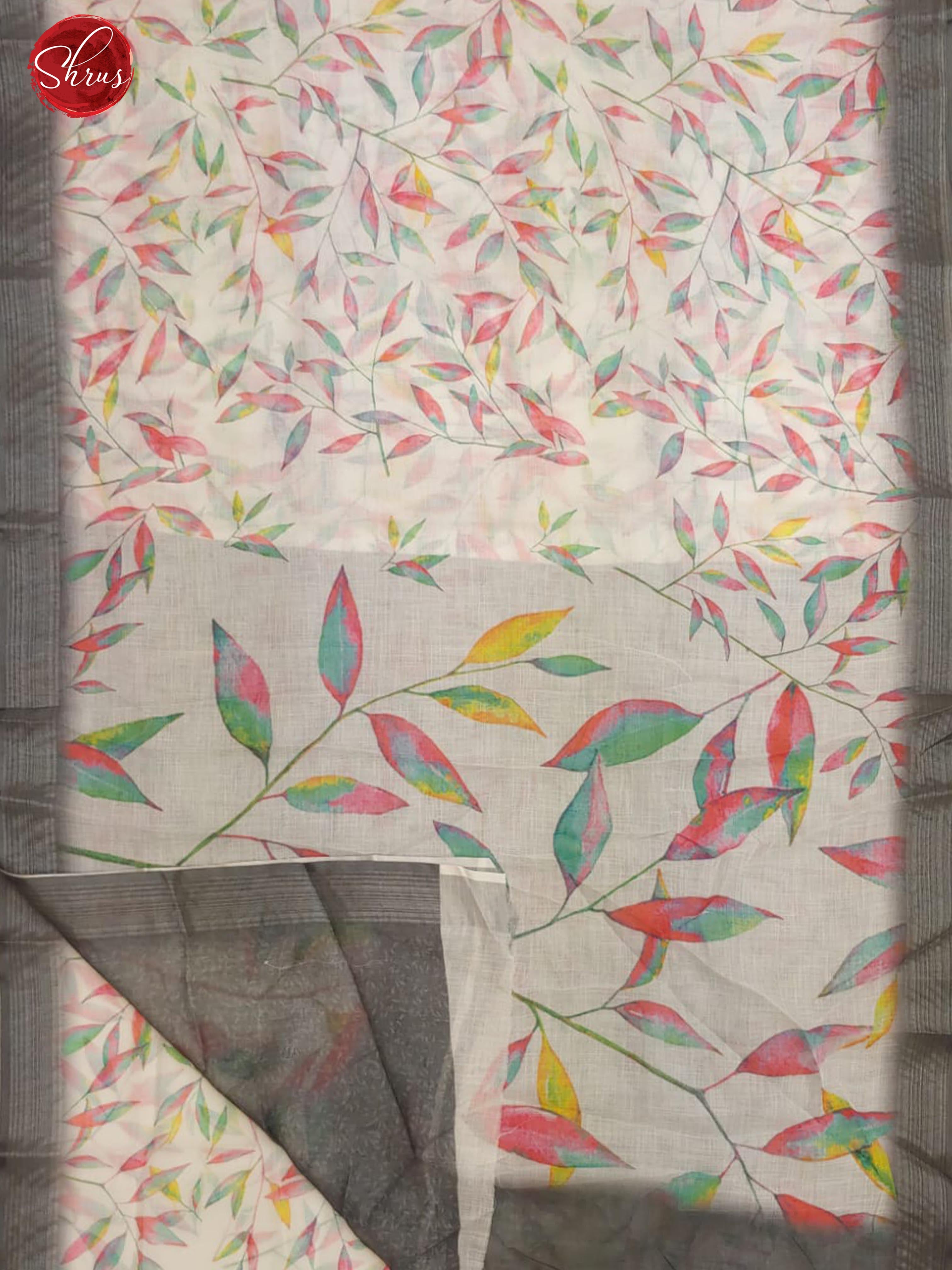 Cream & Grey- Art Linen with leaf print on the body & Zari Border - Shop on ShrusEternity.com