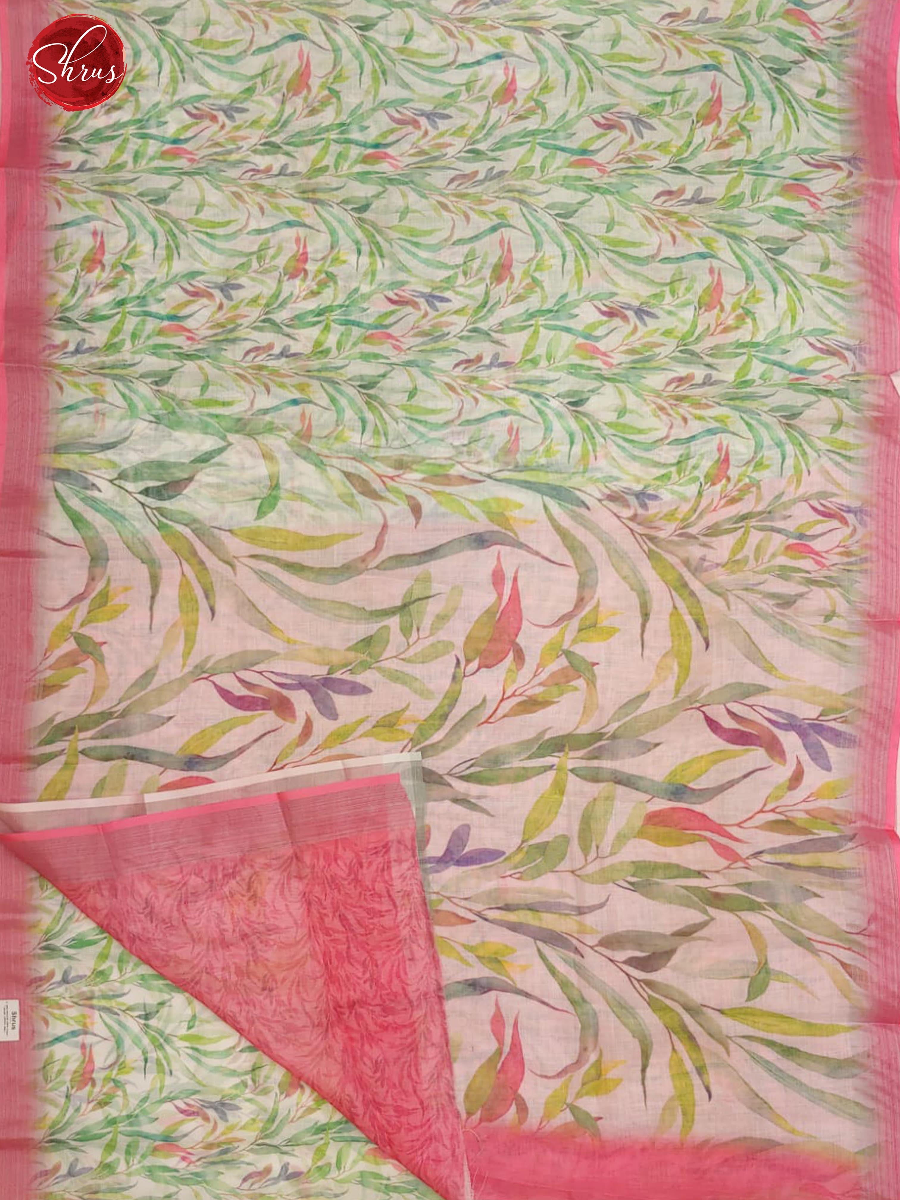 Green & Pink  - Art Linen with floral print on the bodY & Zari Border - Shop on ShrusEternity.com