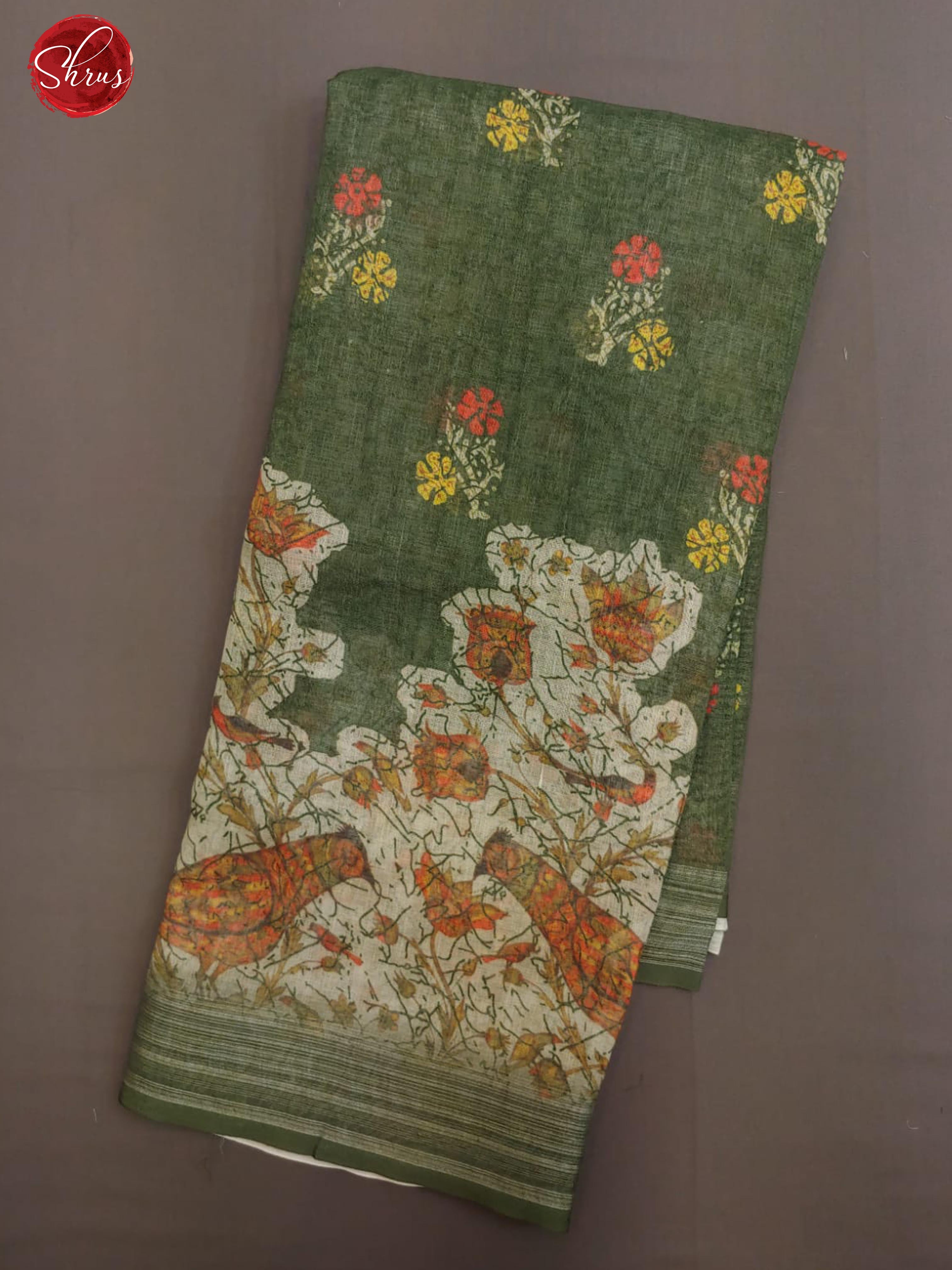 Passi Green(Single Tone)- Art Linen with floral print on the body & Zari Border - Shop on ShrusEternity.com