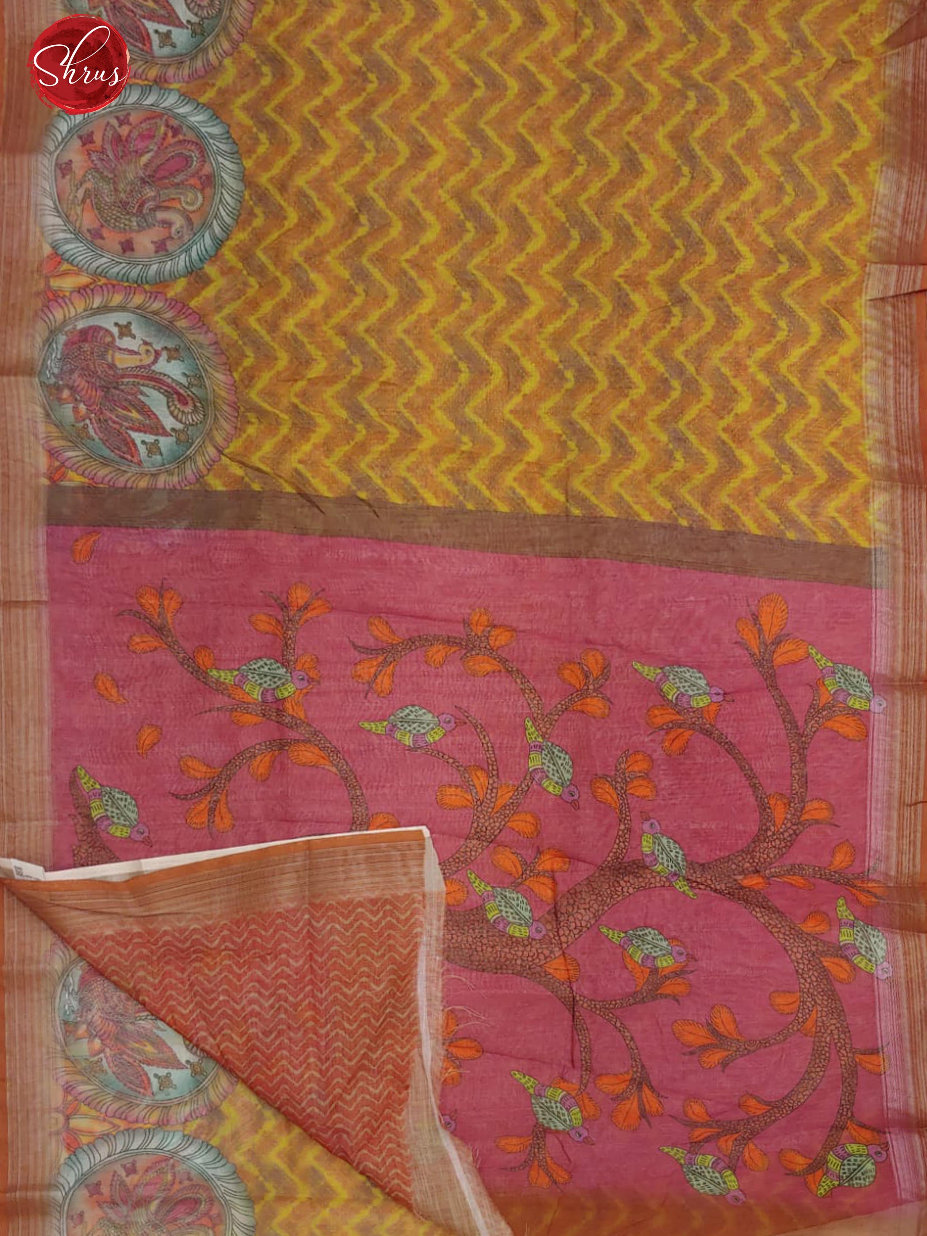 Mustard & Pink- Art Linen With wavy print on the body & Zari Border - Shop on ShrusEternity.com