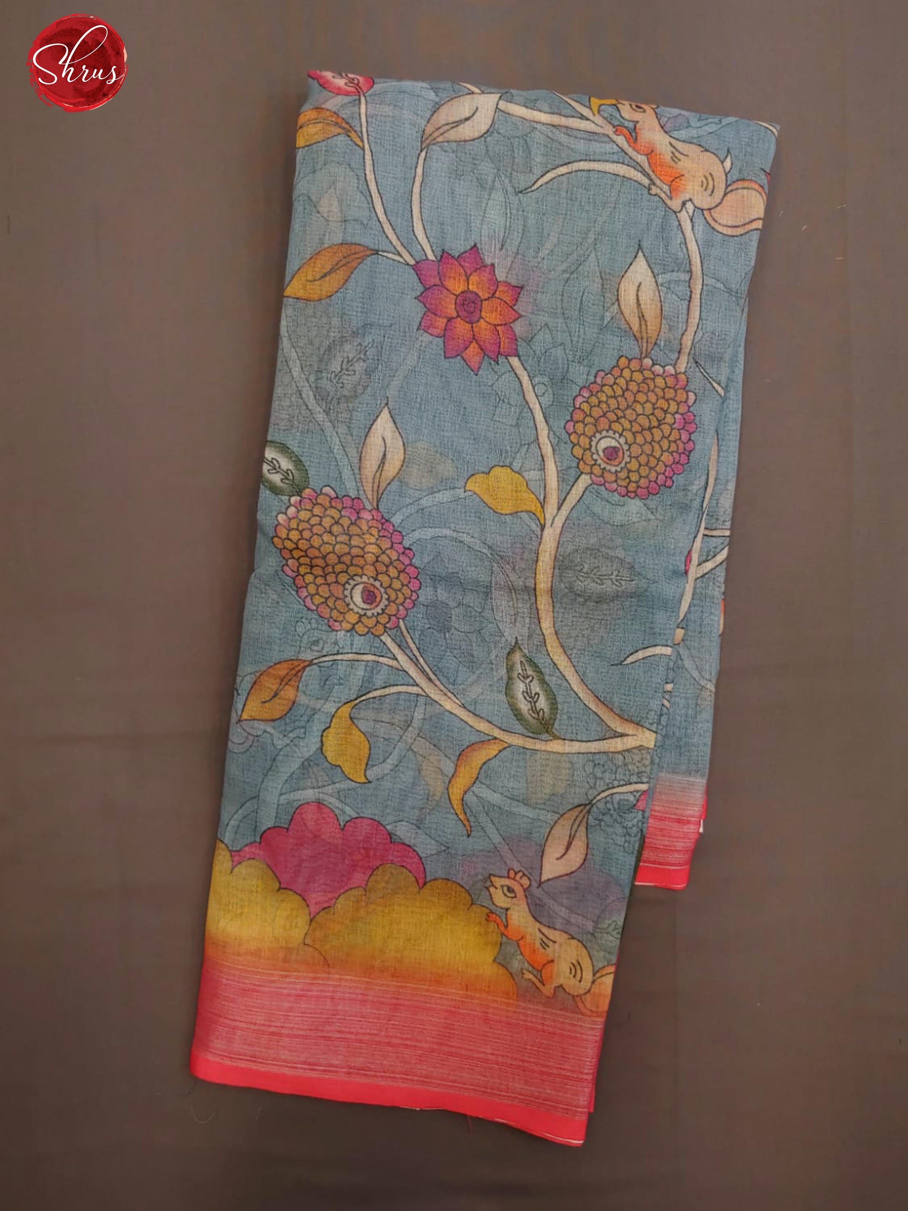 Grey & Pink- Art Linen with Kalamkari floral printed Body & zari Border - Shop on ShrusEternity.com