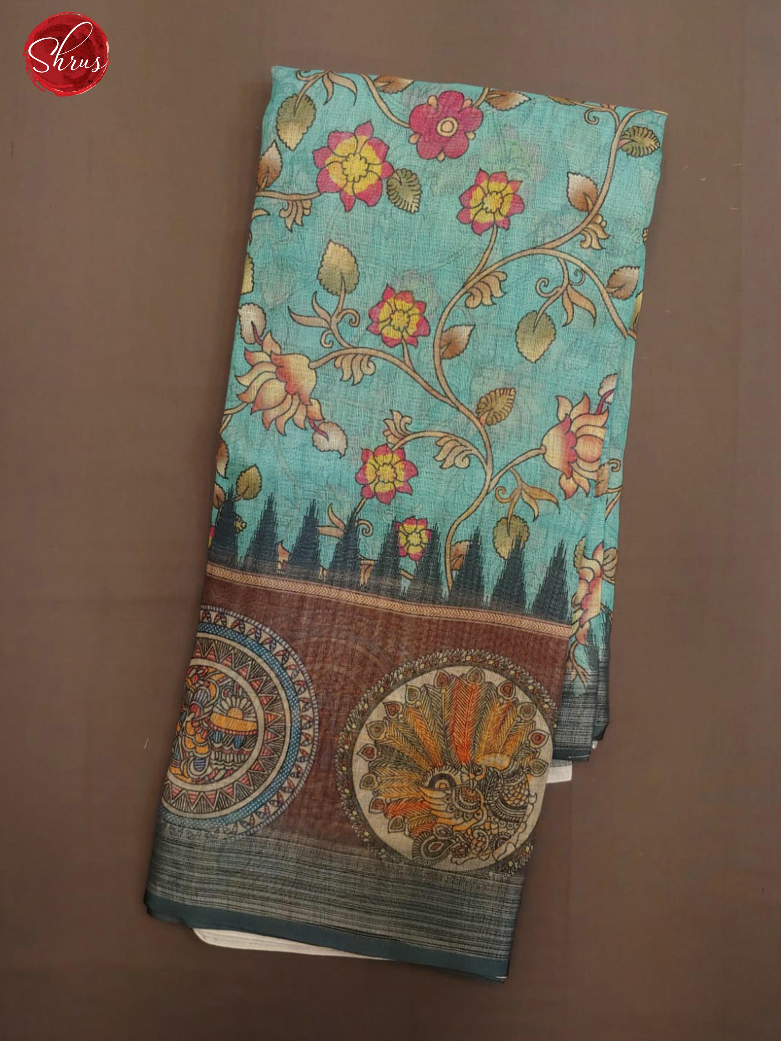 Blue & Grey - Art Linen with Kalamkari floral printed Body & Border - Shop on ShrusEternity.com