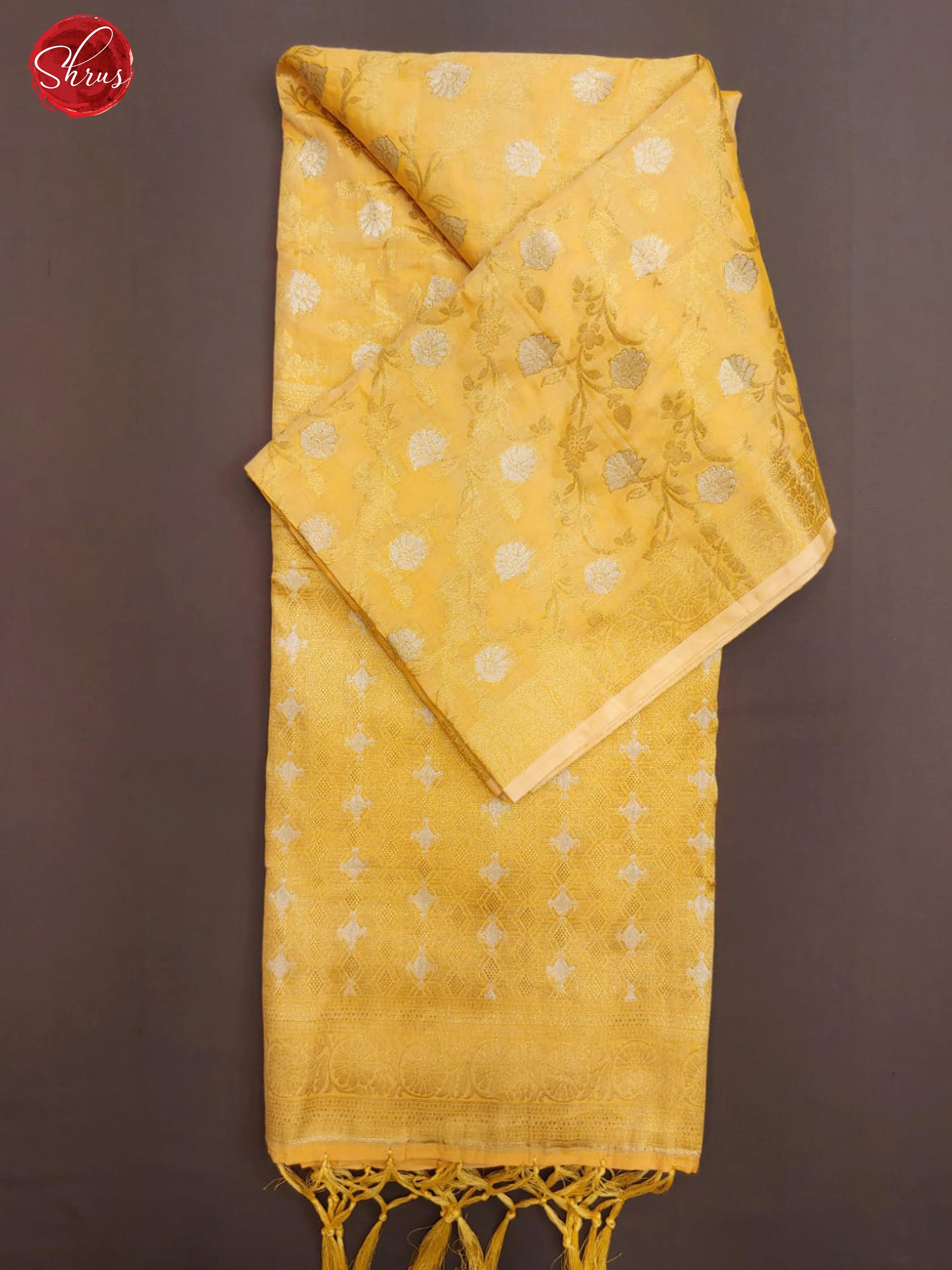 Golden Yellow(Single Tone) - Semi Banarasi with zari woven diagonal  floral vines ,buttas   on the body& Zari Border - Shop on ShrusEternity.com