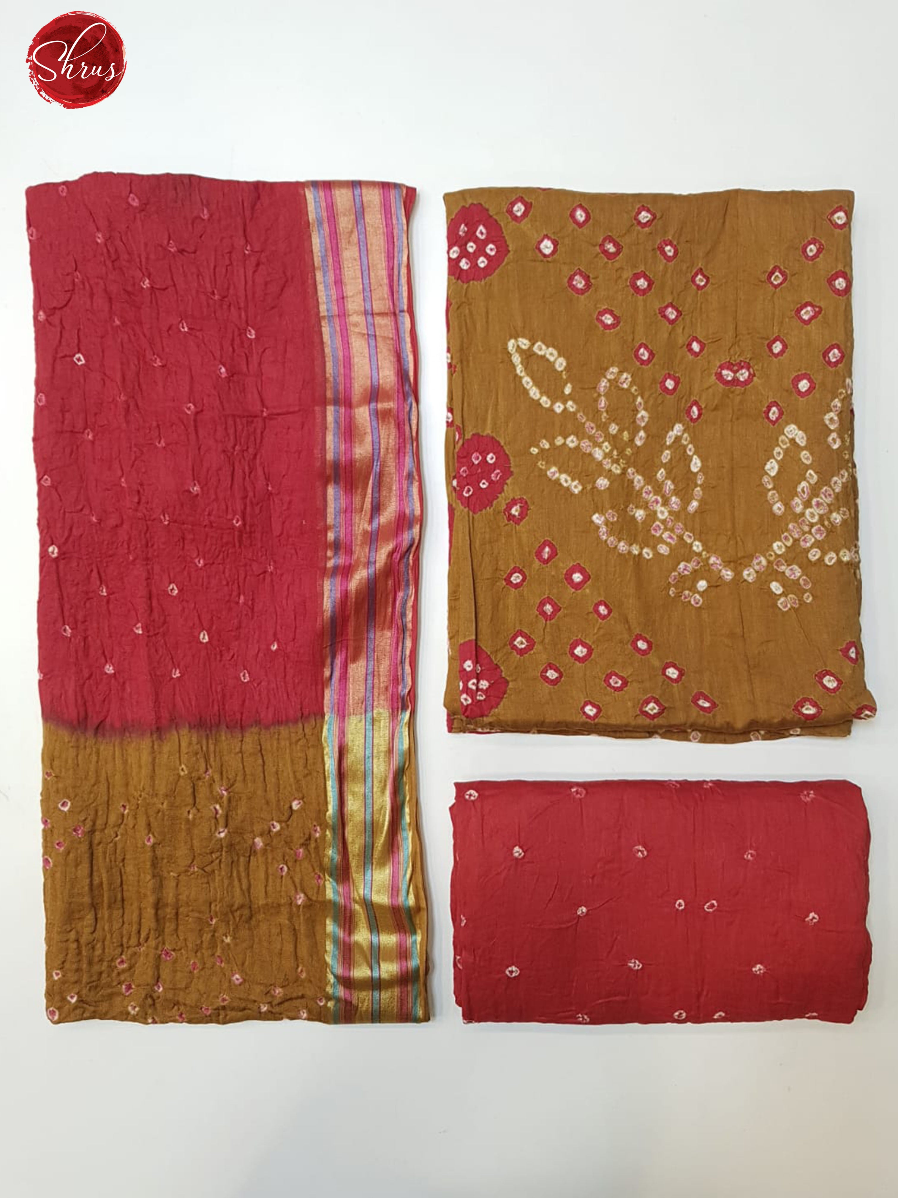 Mustard & Red - Bandhini suit with floral pattern on the top(in the pic the left part is the Dupatta , Top right pic is top and Bottom Right is the bottom) - Shop on ShrusEternity.com