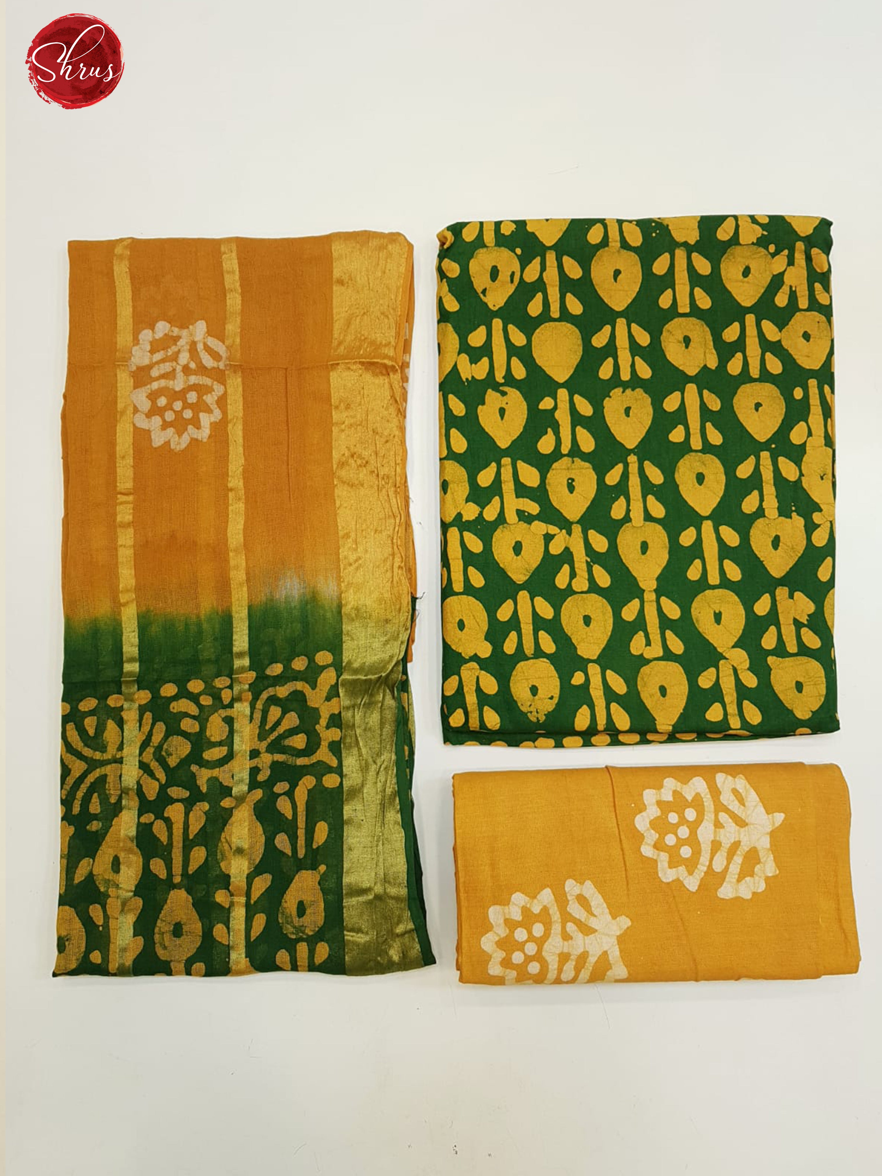 Green & Yellow-Bhatik Suit with floral pattern(In the picture left part of the  photo is dupatta And the  right side is Top & Bottom) - Shop on ShrusEternity.com