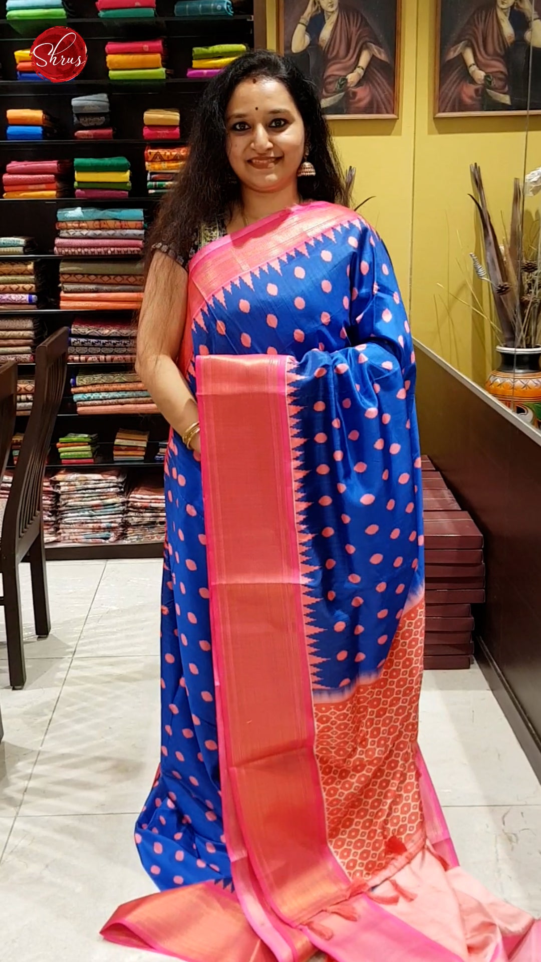 Blue & Pink - Semi Ikkat with ikkat print on the body  & Contrast Zari Border - Shop on ShrusEternity.com