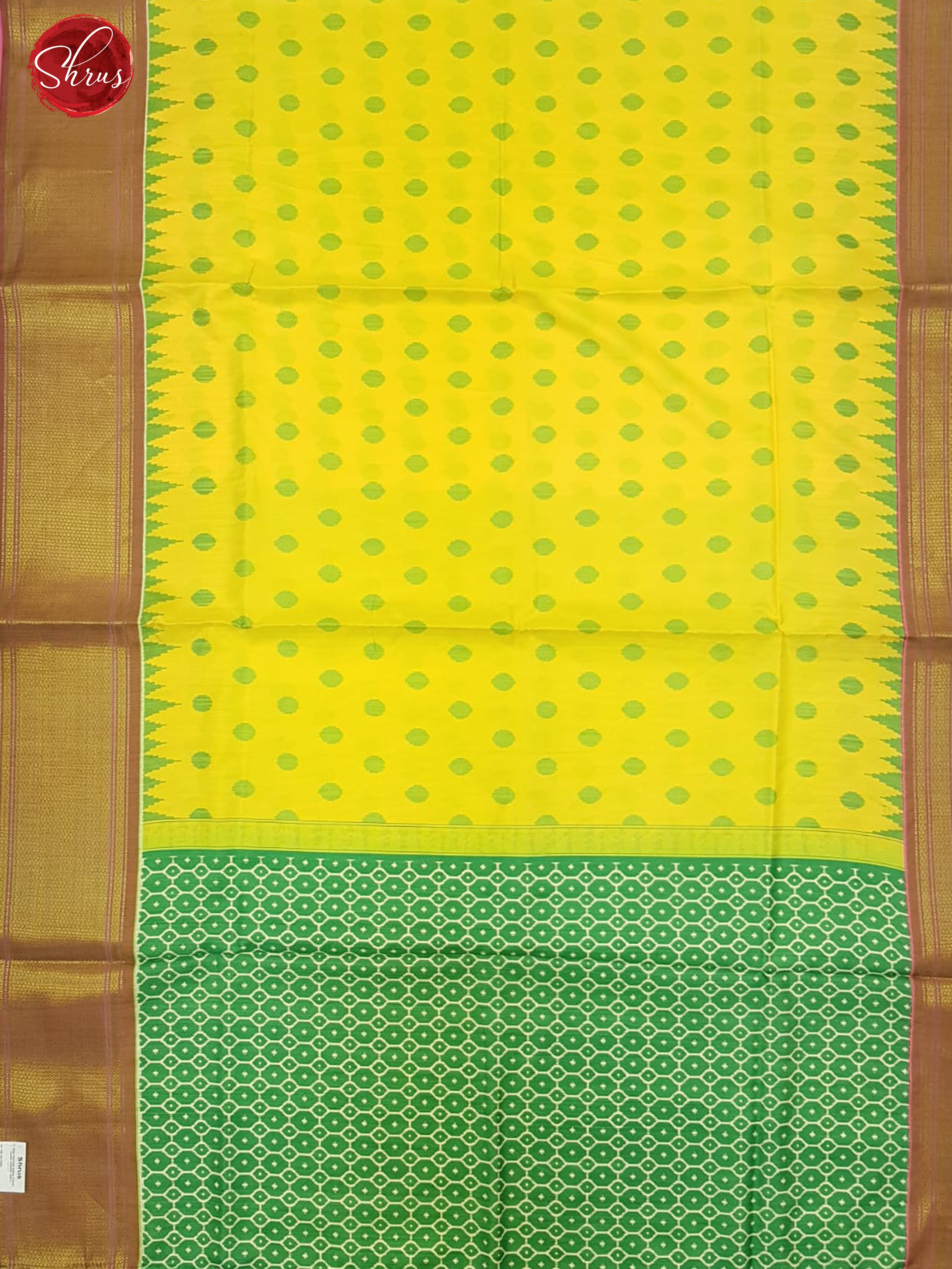 Yellow & Green - Semi Ikkat with round buttas on the body & Contrast zari border - Shop on ShrusEternity.com