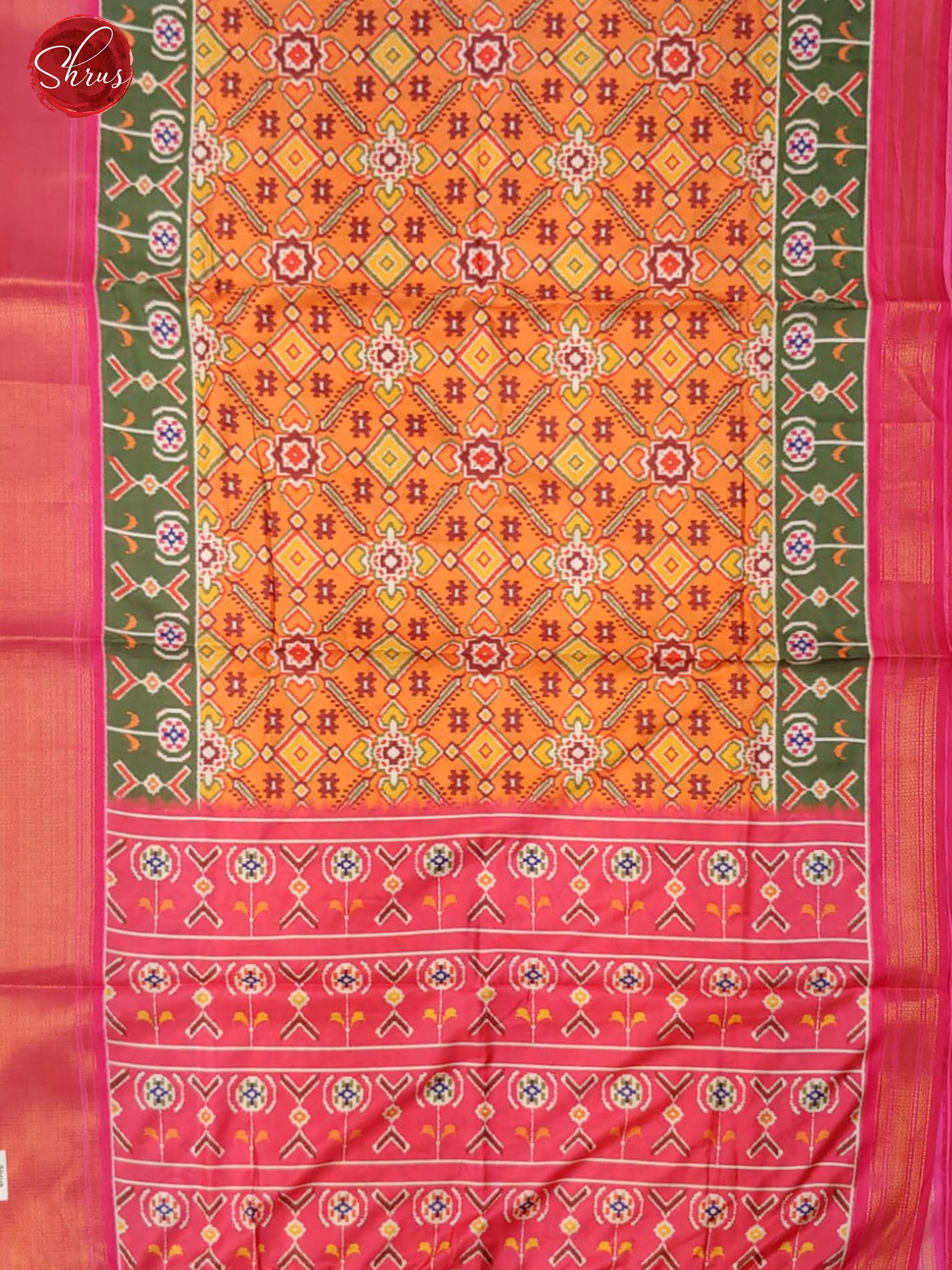 Orange & Pink  - Semi Ikkat with ikkat floral pattern on the body & Contrast Zari Border - Shop on ShrusEternity.com