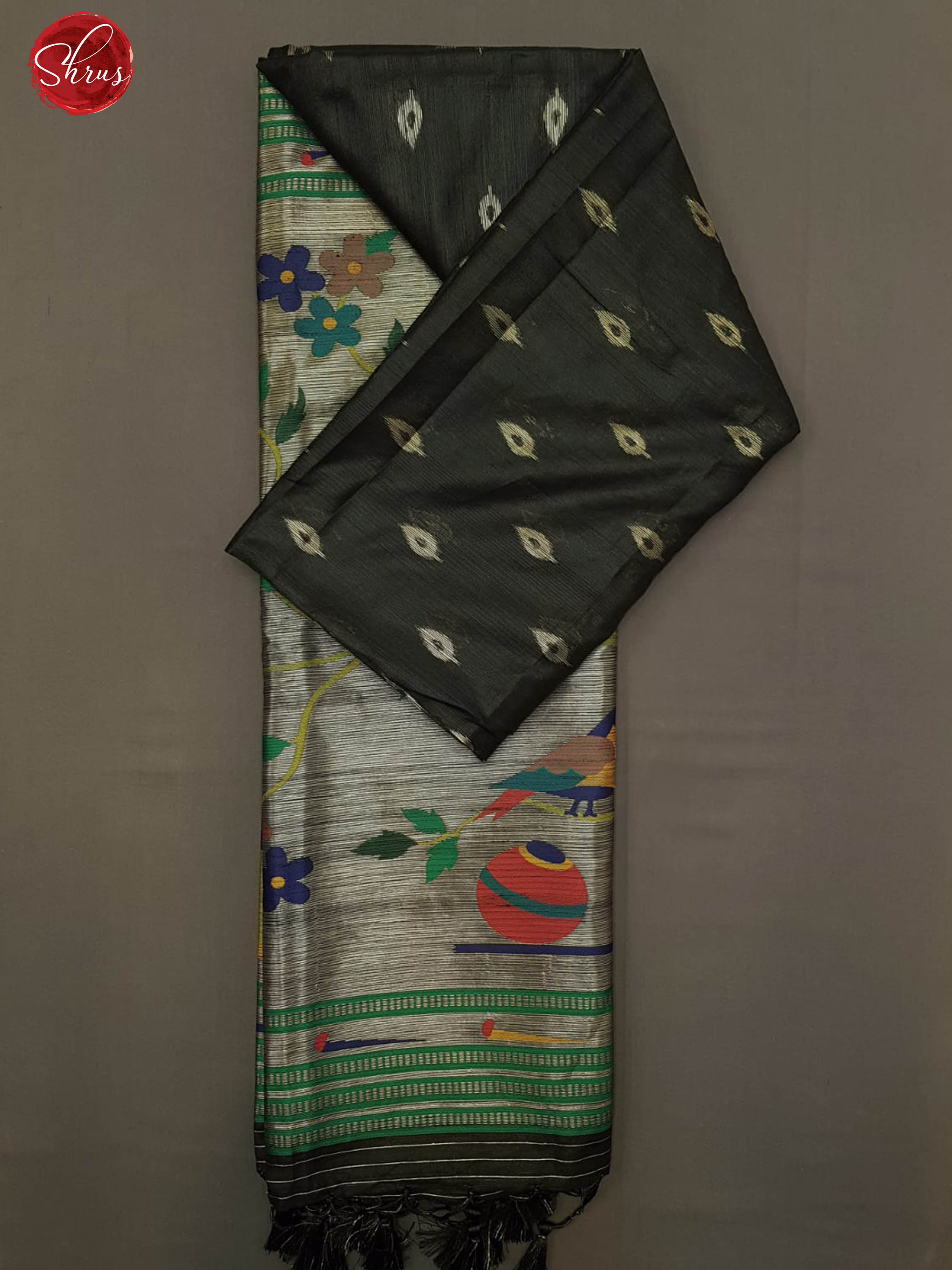 Black (Single Tone)- Semi Raw Silk with zari buttas on the body & Zari temple border - Shop on ShrusEternity.com