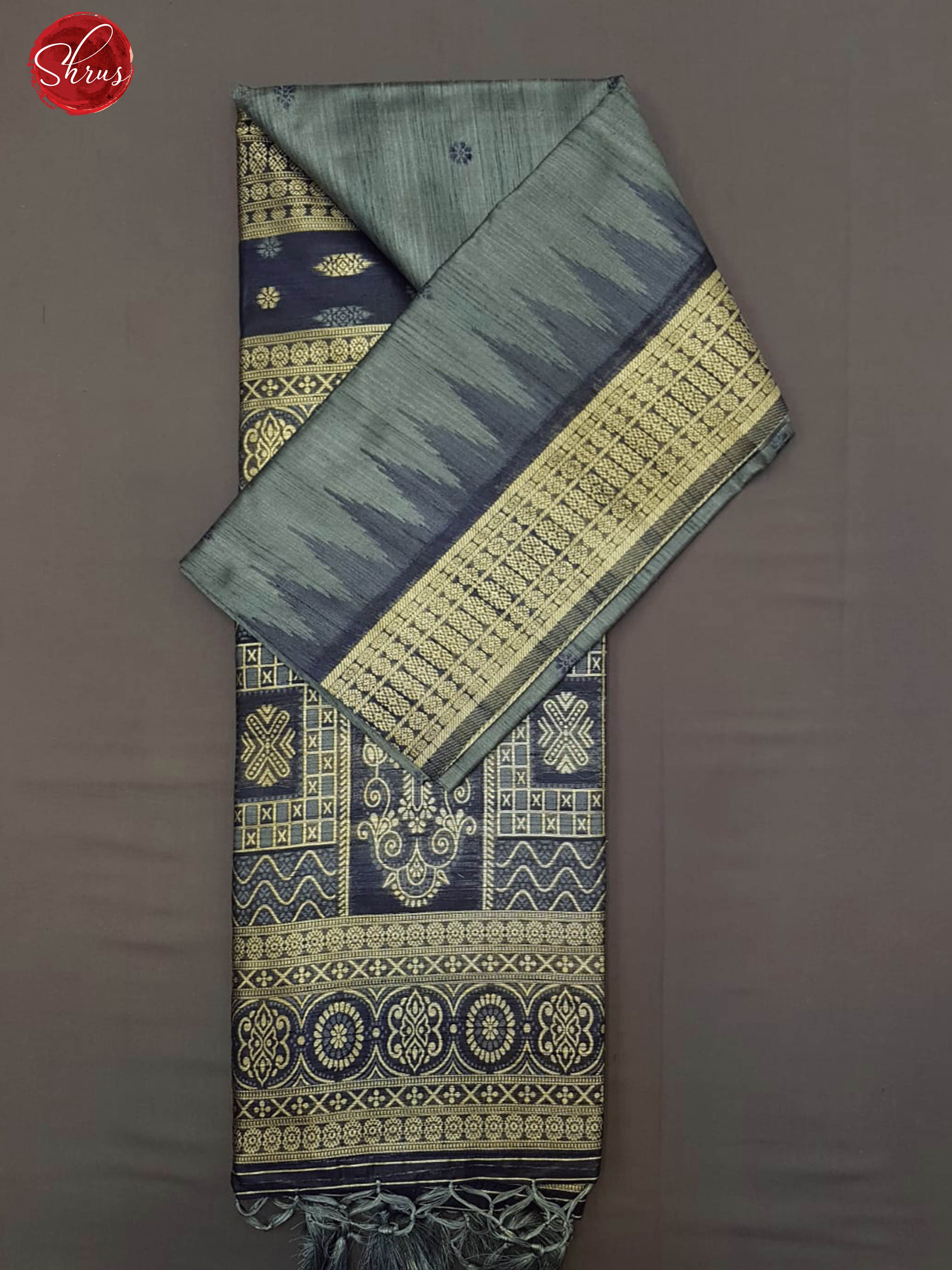 Grey & Blue - Semi Raw Silk with thread  woven buttas on the body & temple , zari  Border - Shop on ShrusEternity.com
