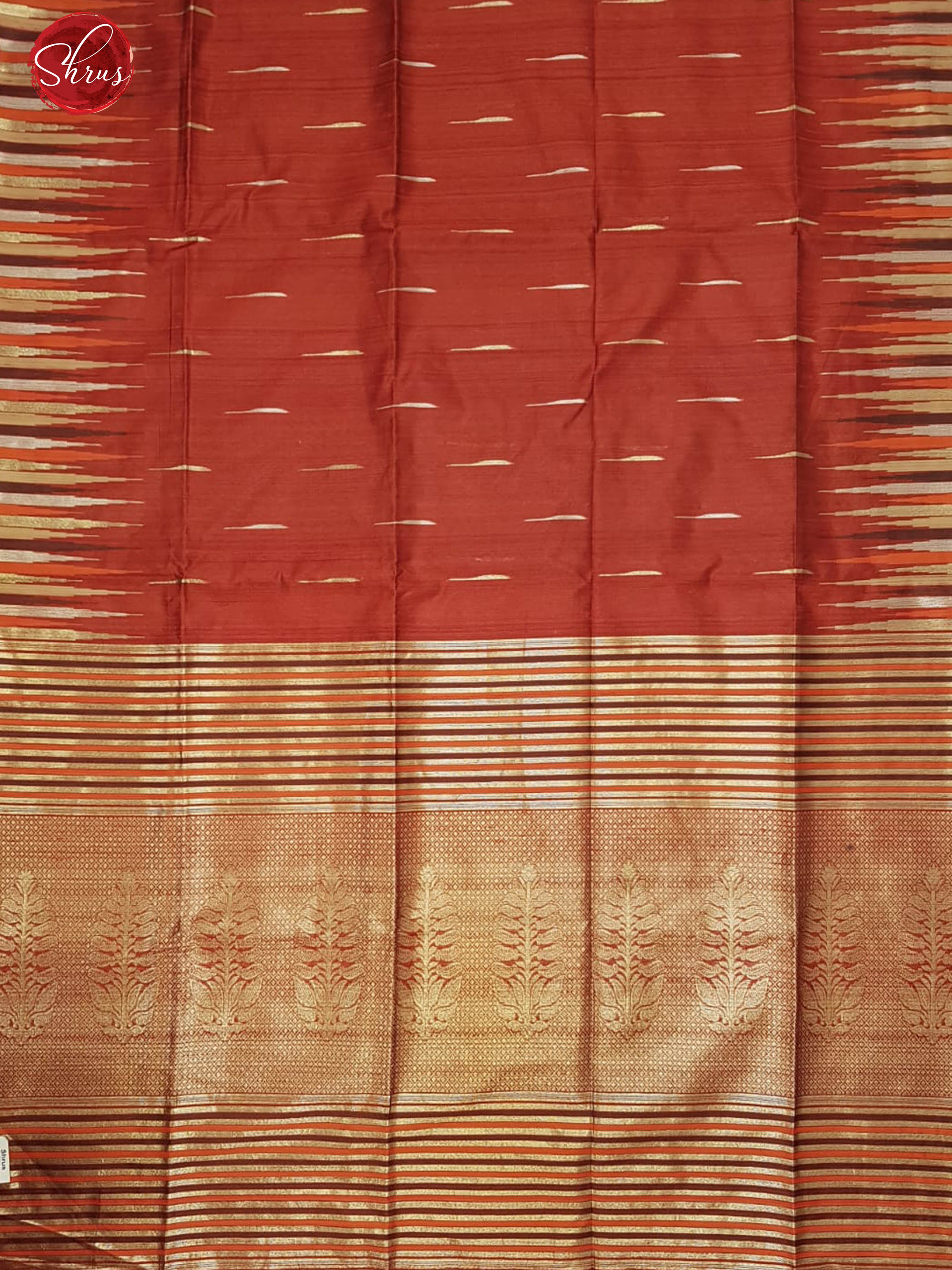 Red(Single Tone)- Semi Raw Silk with zari woven stripes buttas on the body & zari Border - Shop on ShrusEternity.com