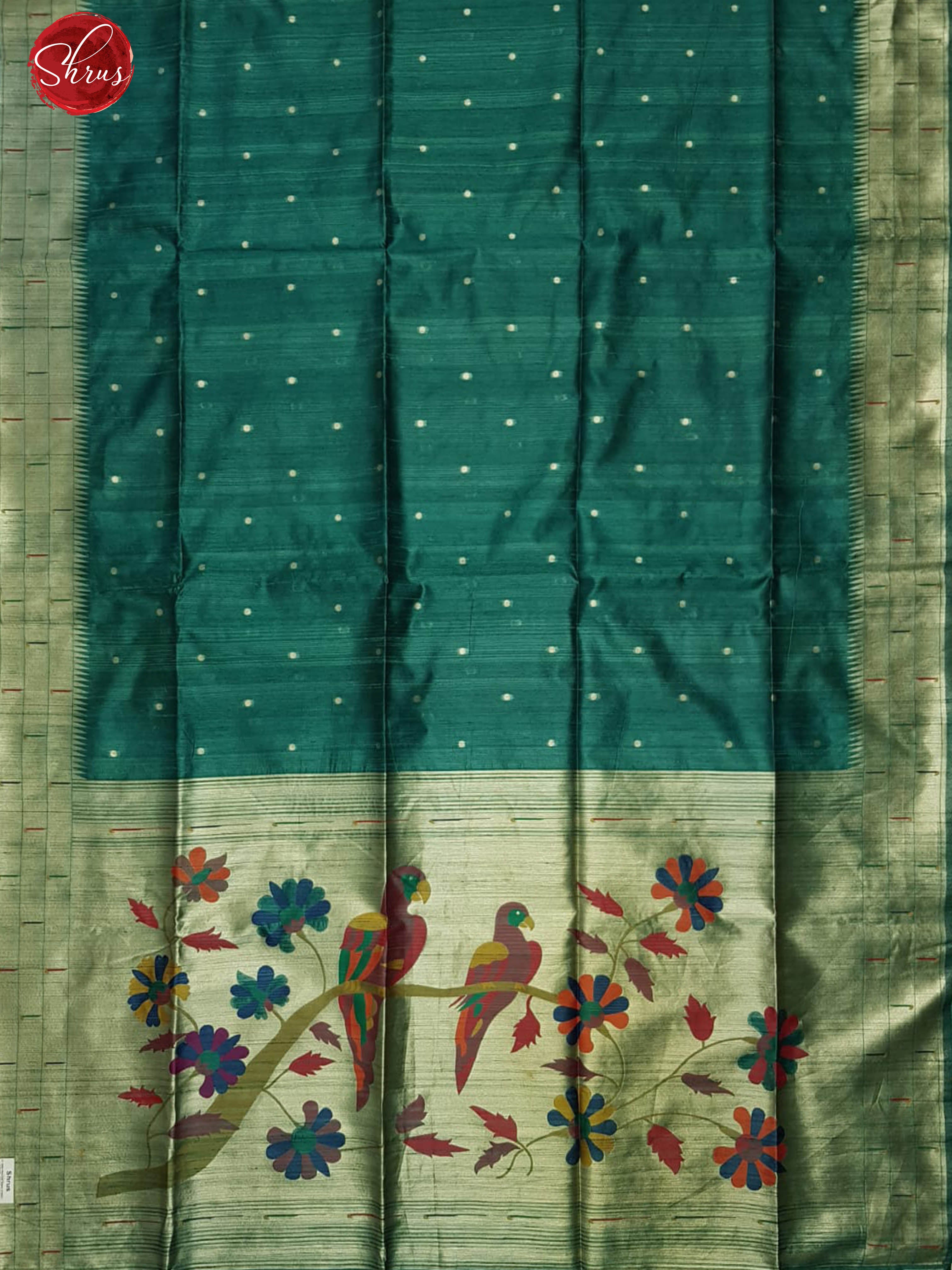 Green (Single Tone)- Semi Raw Silk with zari buttas on the body & Zari Border - Shop on ShrusEternity.com