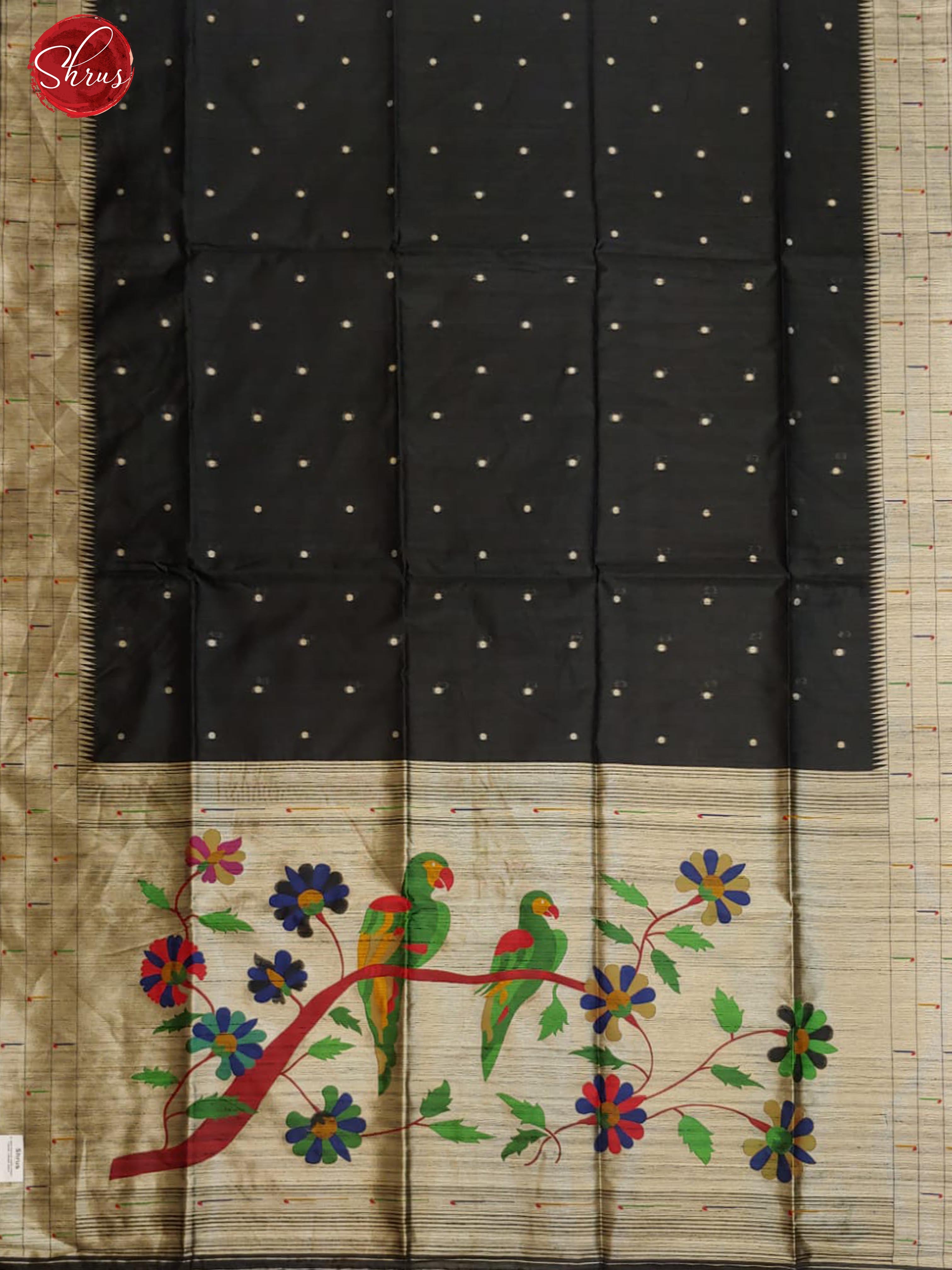 Black(Single Tone)-Semi Raw Silk with zari buttas on  the body & zari  border - Shop on ShrusEternity.com
