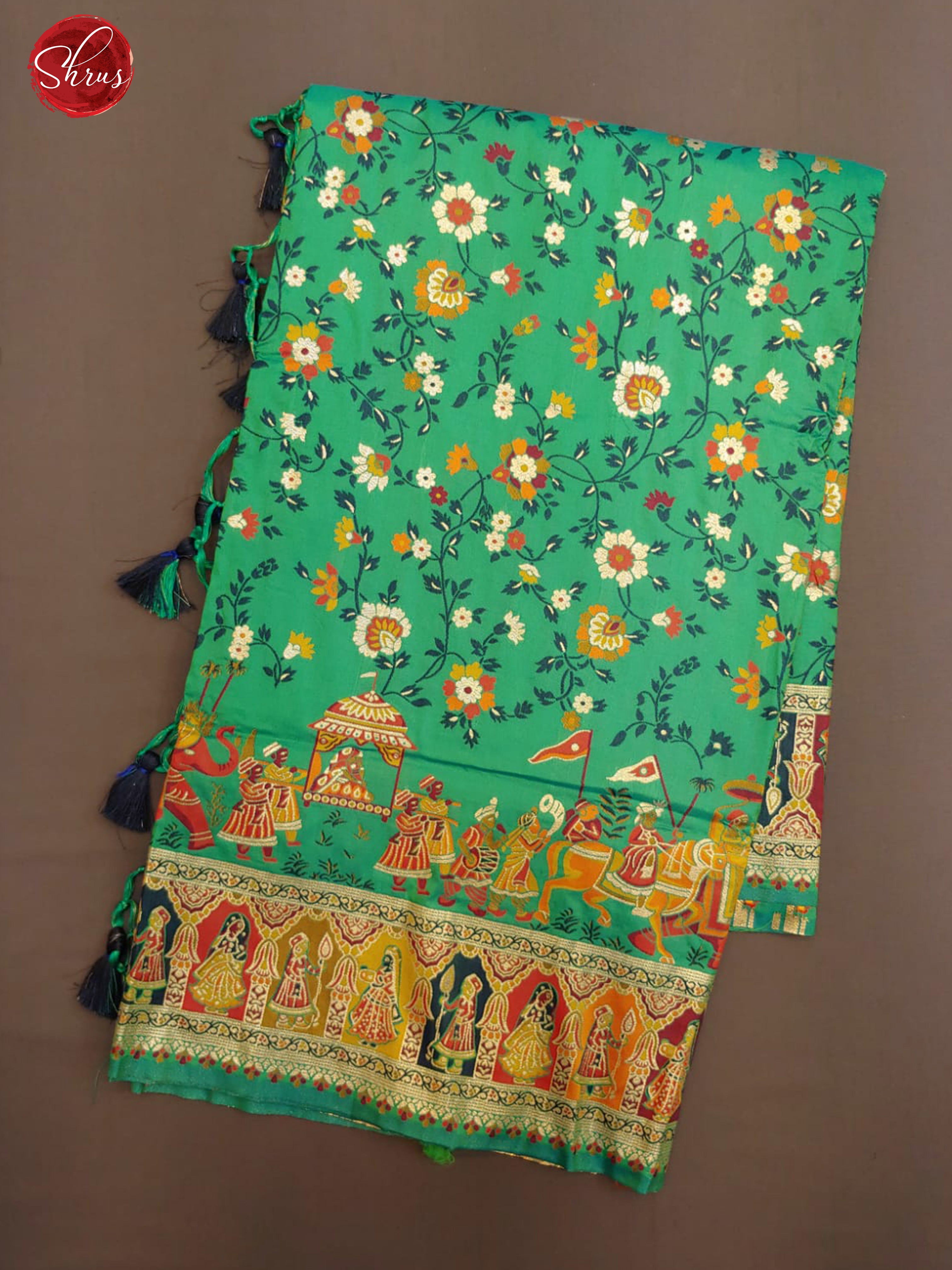 Green(Single Tone)- Semi Paithani with floral pattern on the body & Border - Shop on ShrusEternity.com