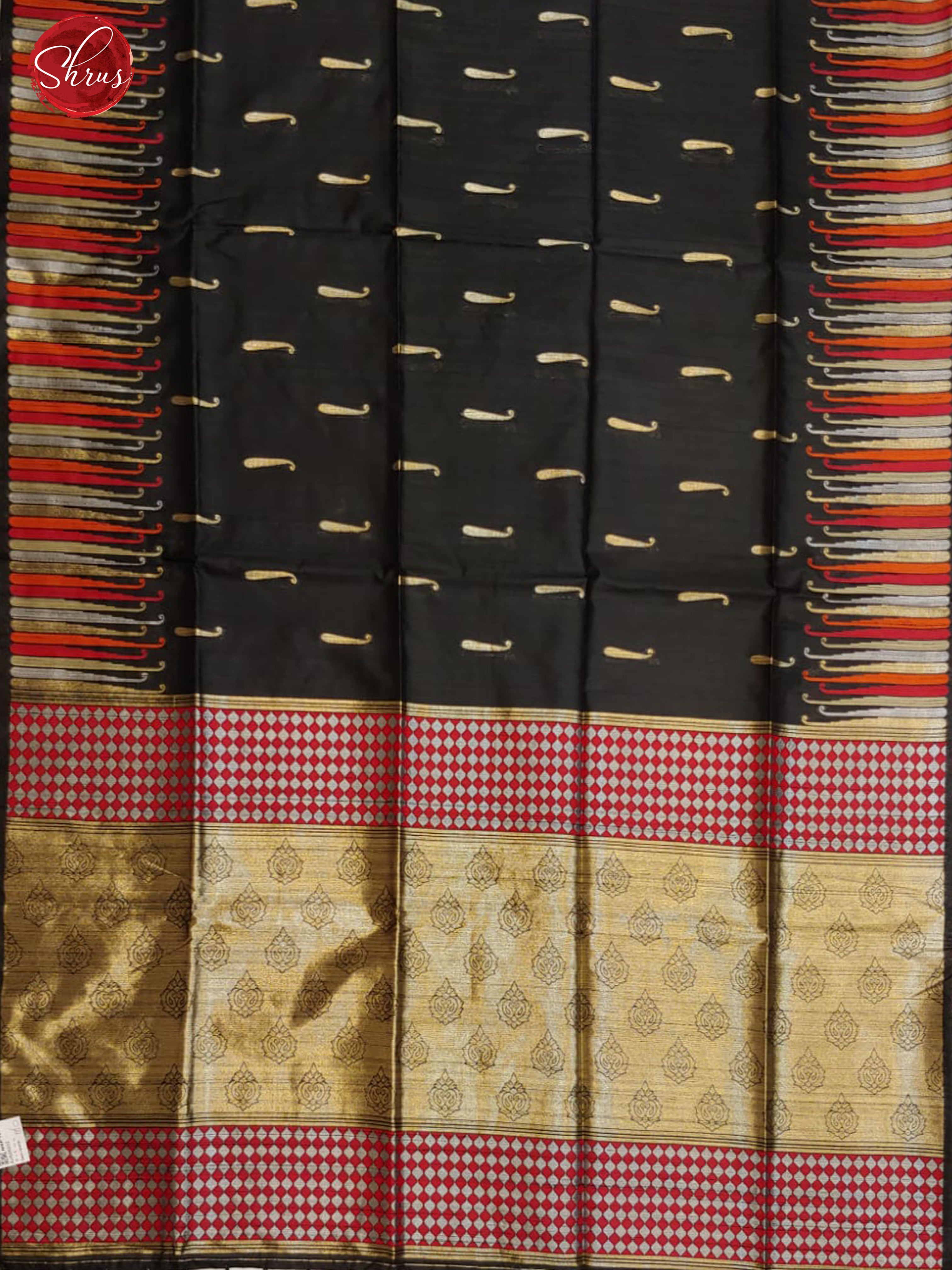 Black & Red -Semi Raw Silk with zari buttas on  the body& zari  border - Shop on ShrusEternity.com