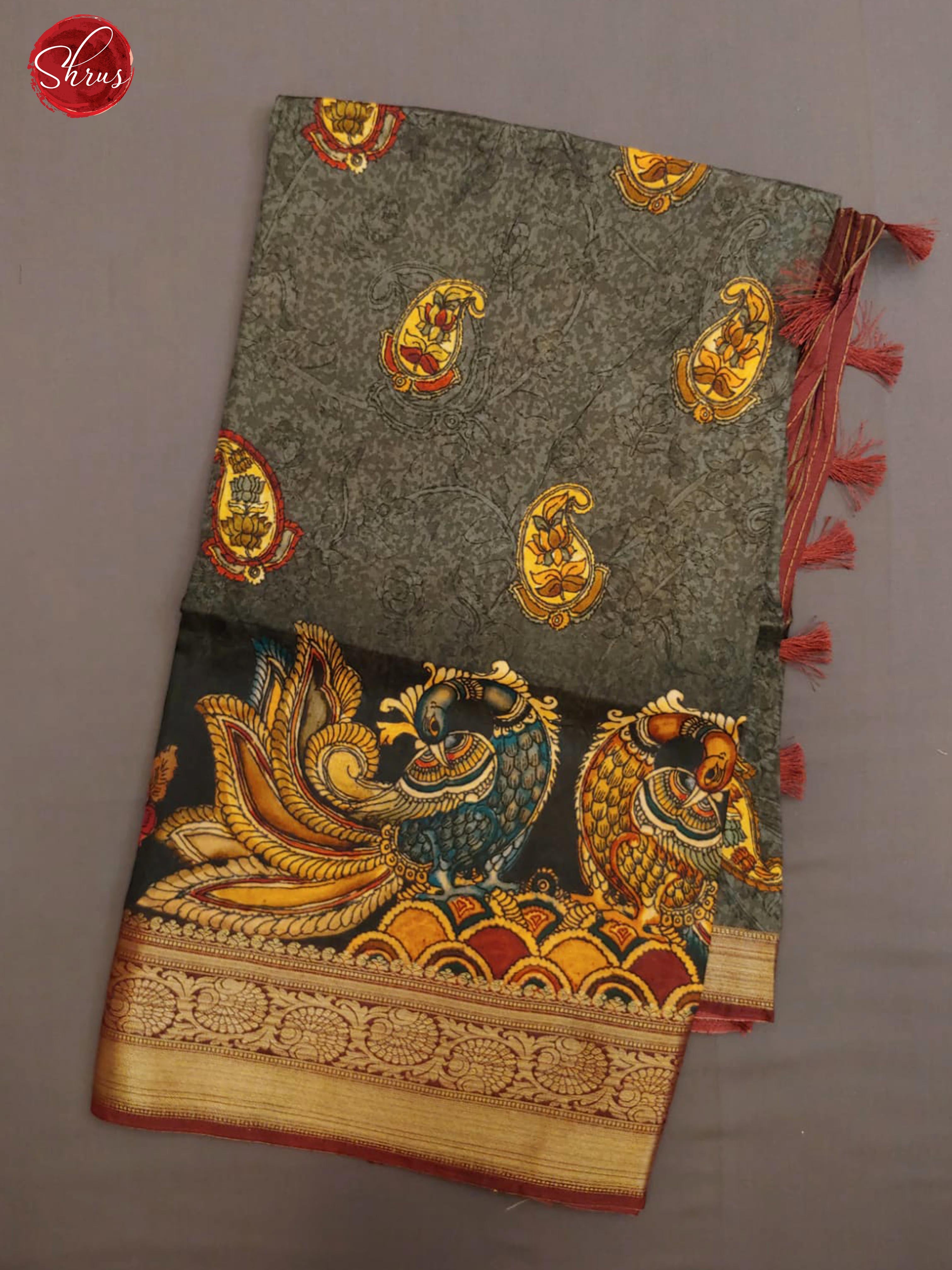 Elephant Grey & Brown - Semi Crepe with floral  print on the body & Contrast Zari Border - Shop on ShrusEternity.com