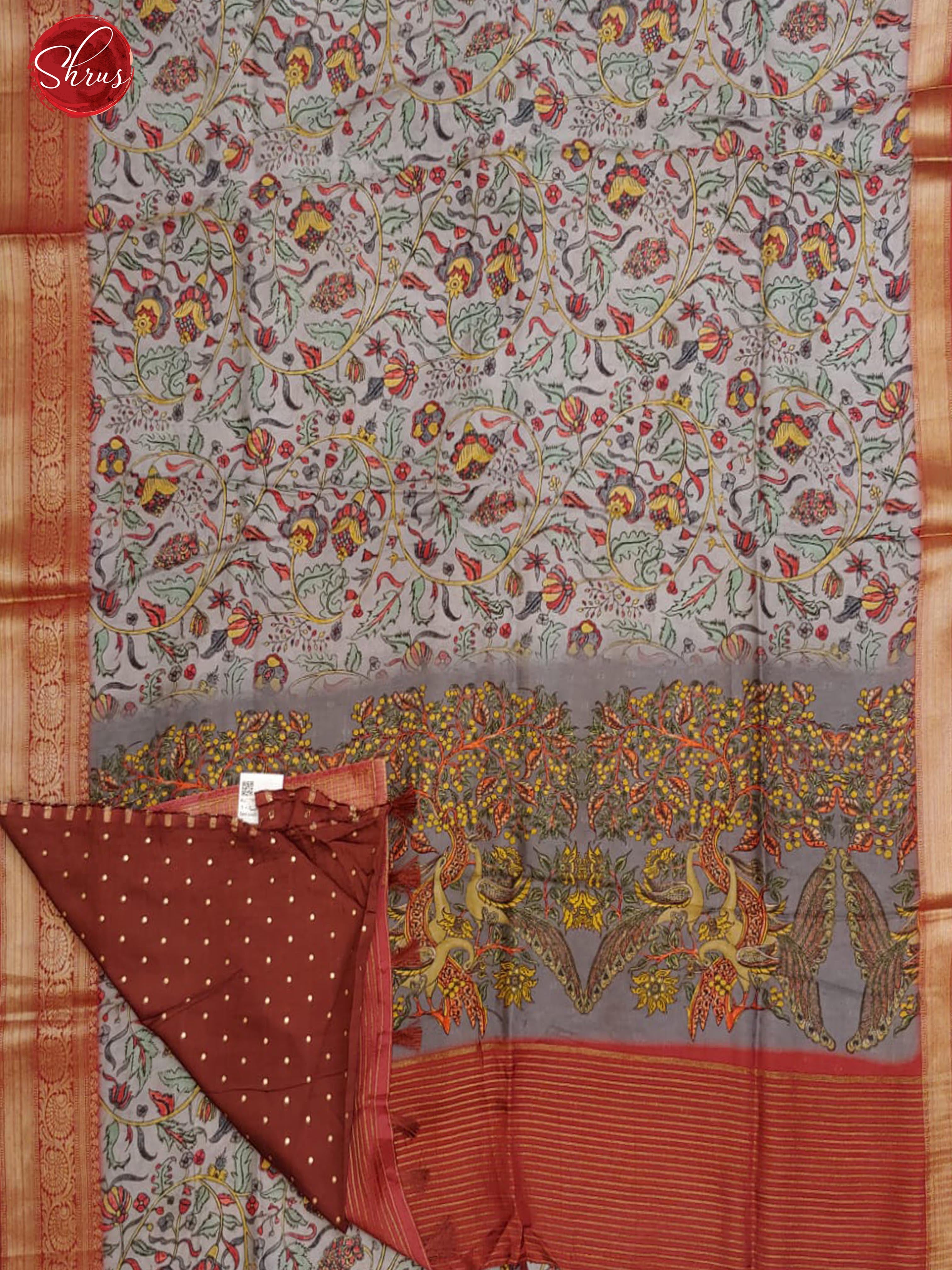 Grey & Maroon - Semi Crepe with floral print on the body & zari Border - Shop on ShrusEternity.com