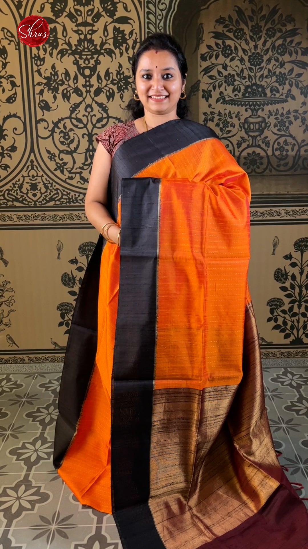 Orange & Black - Raw Silk with zari woven stripes on the body & Contrast Border - Shop on ShrusEternity.com