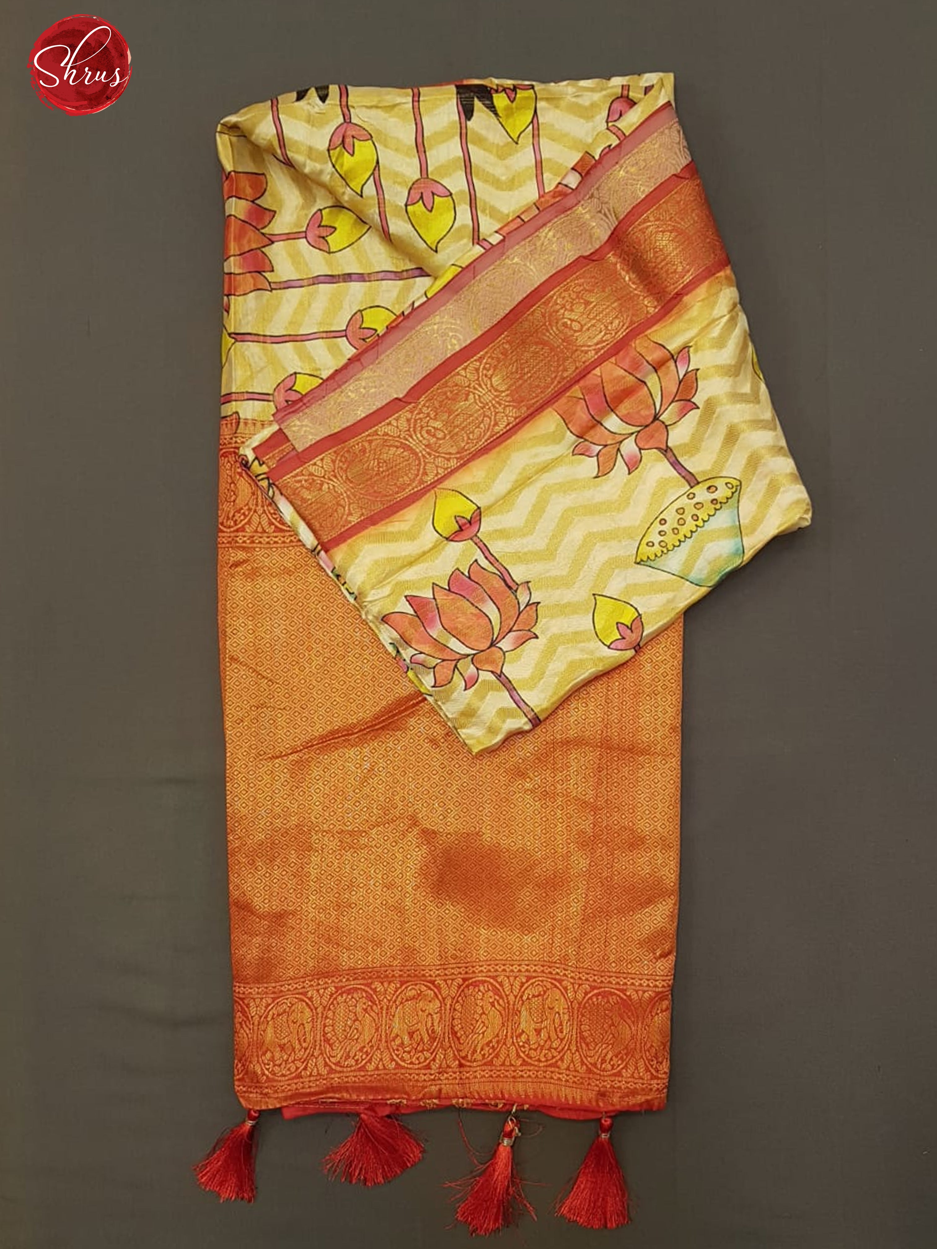 Sandal & Red- Semi Dupion with kalamkari floral print , zari wavy stripes on the body & Contrast Border - Shop on ShrusEternity.com