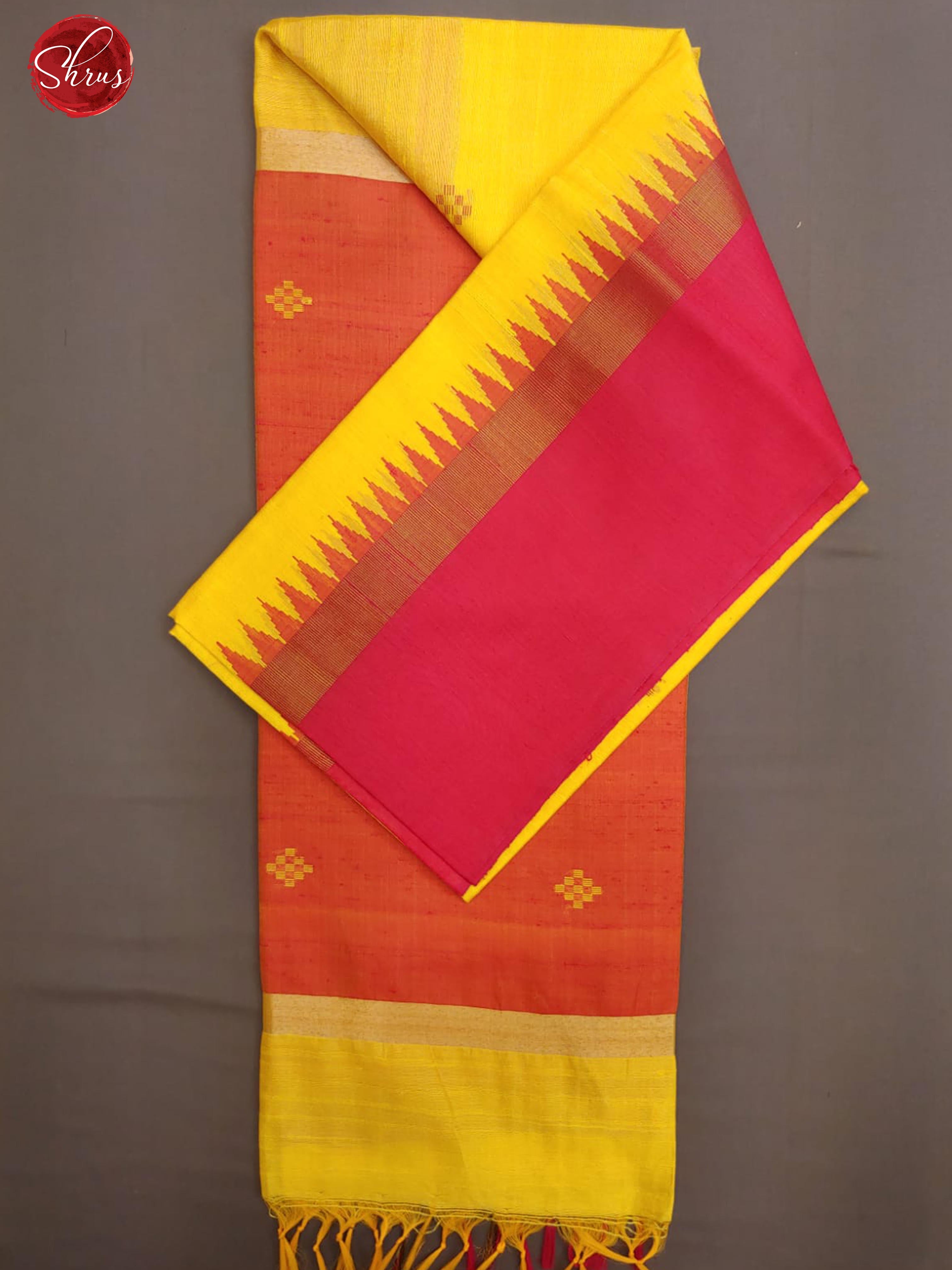 Yellow & Pink - Raw Silk with thread woven buttas on the body & contrast Temple border - Shop on ShrusEternity.com