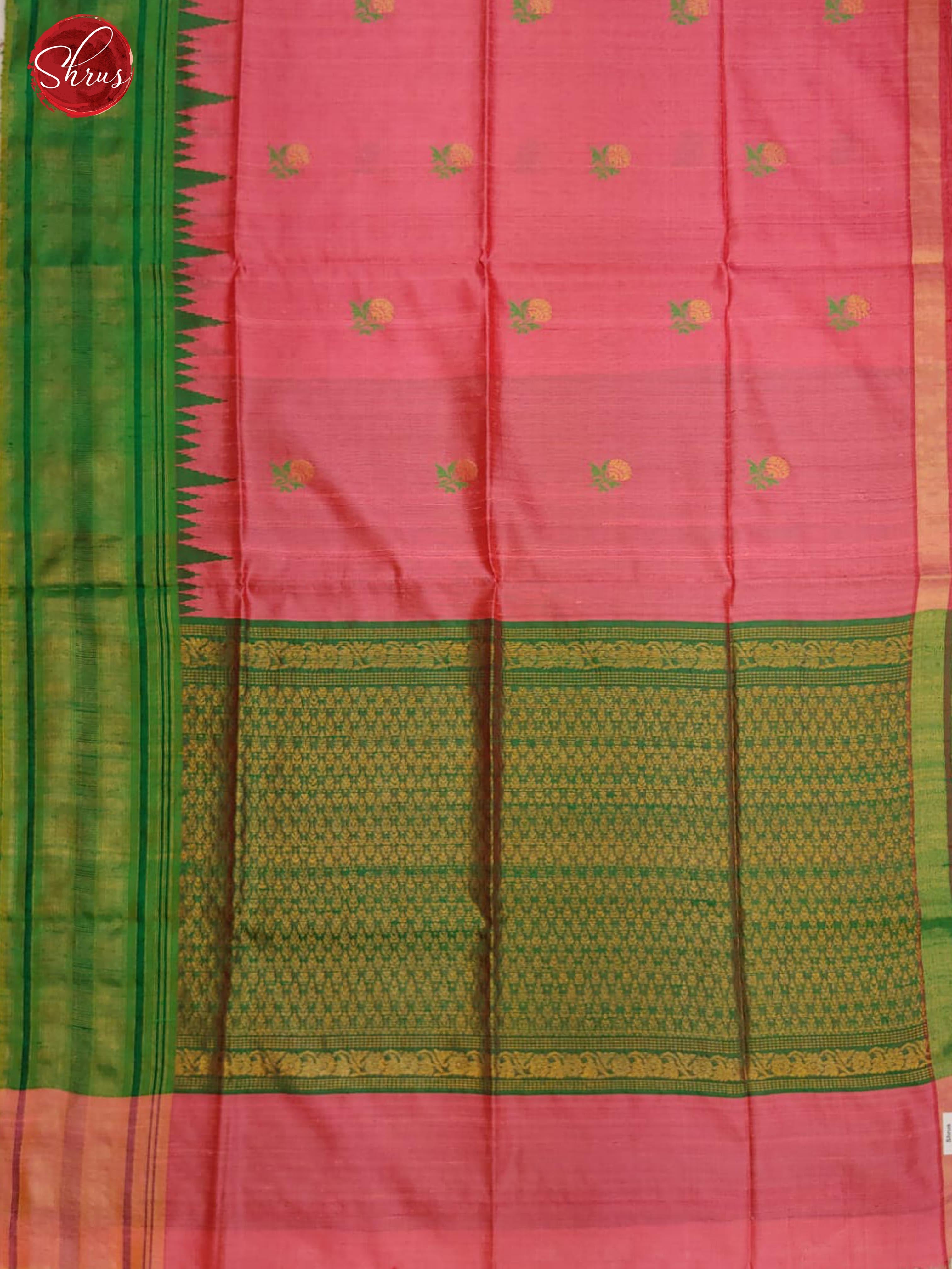 Pink & Green - Raw Silk with thread woven buttas on the body & contrast zari border - Shop on ShrusEternity.com