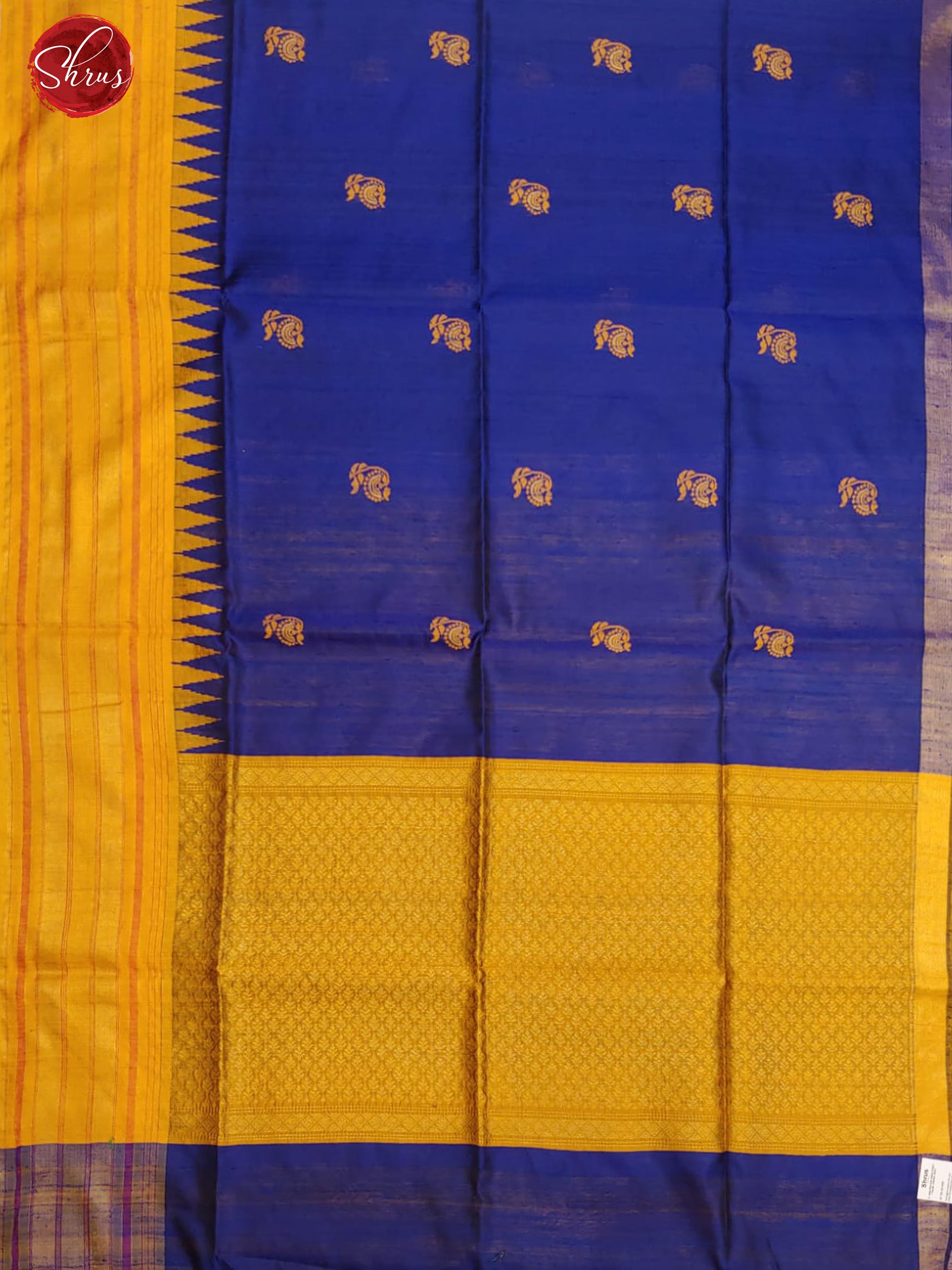 Blue & Yellow -  Raw Silk with thread woven floral buttas  on the body & Contrast Border - Shop on ShrusEternity.com