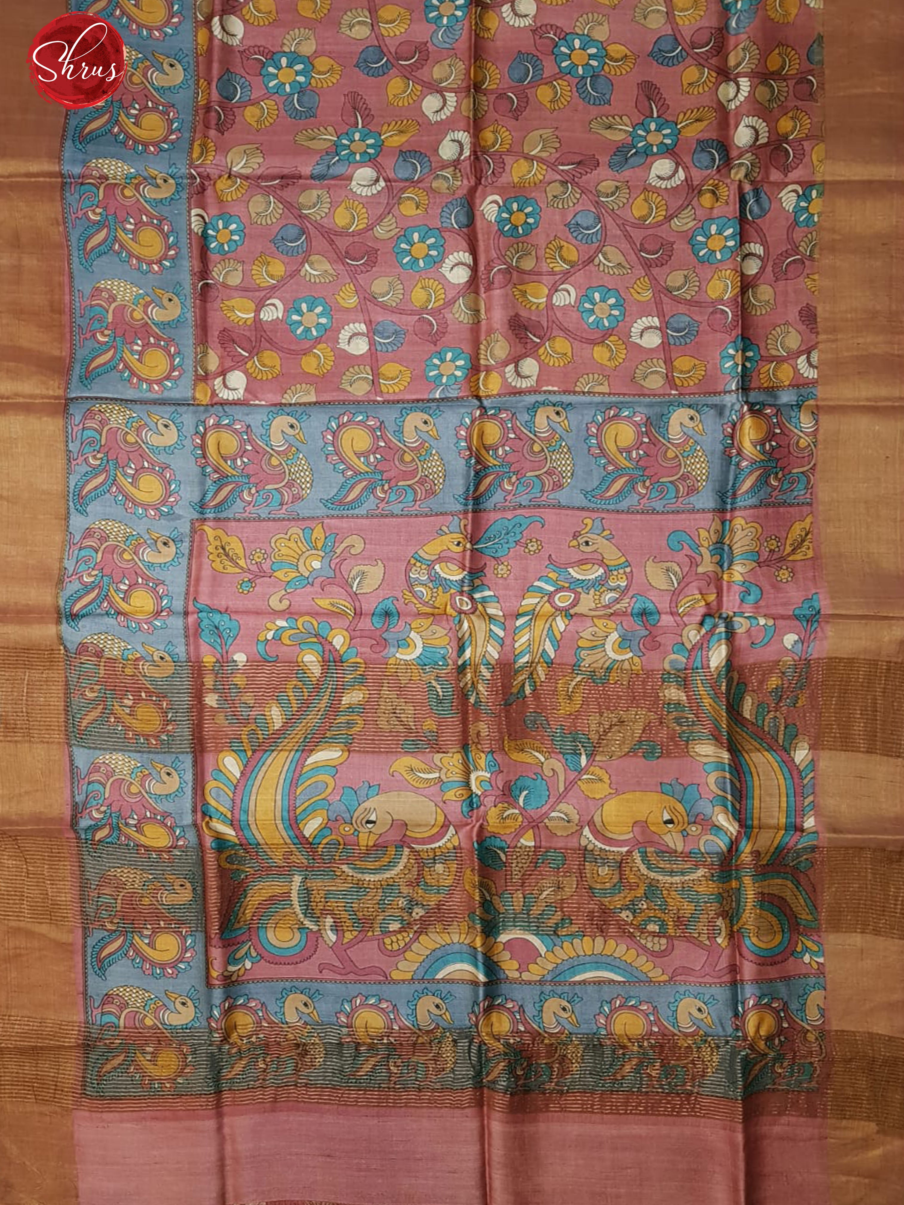 Pink(Single Tone)-Tussar with Kalamkari floral print on the body & Zari Border - Shop on ShrusEternity.com