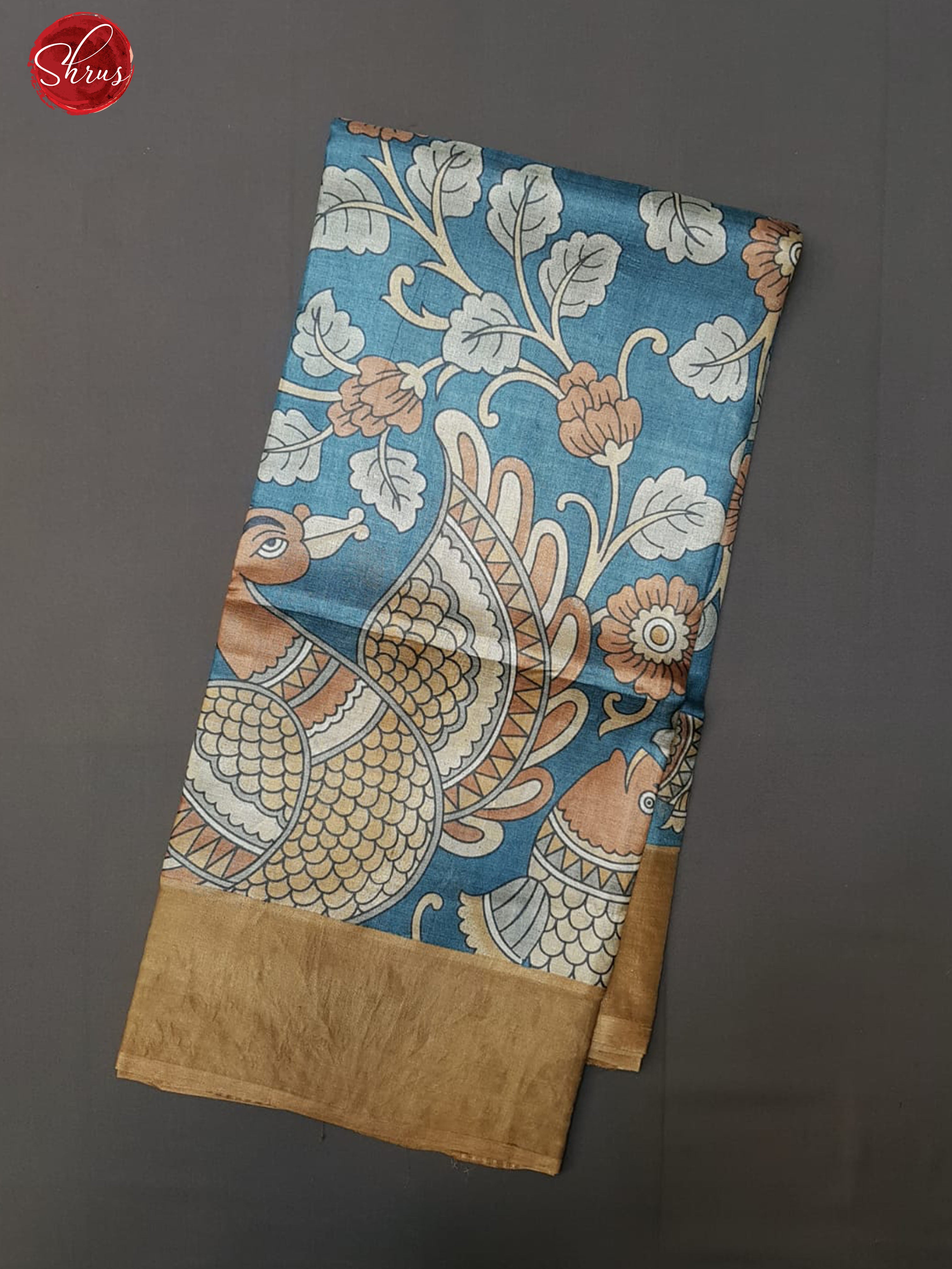 Blue & Brown - Tussar with Kalamkari floral print on the body & Zari Border - Shop on ShrusEternity.com