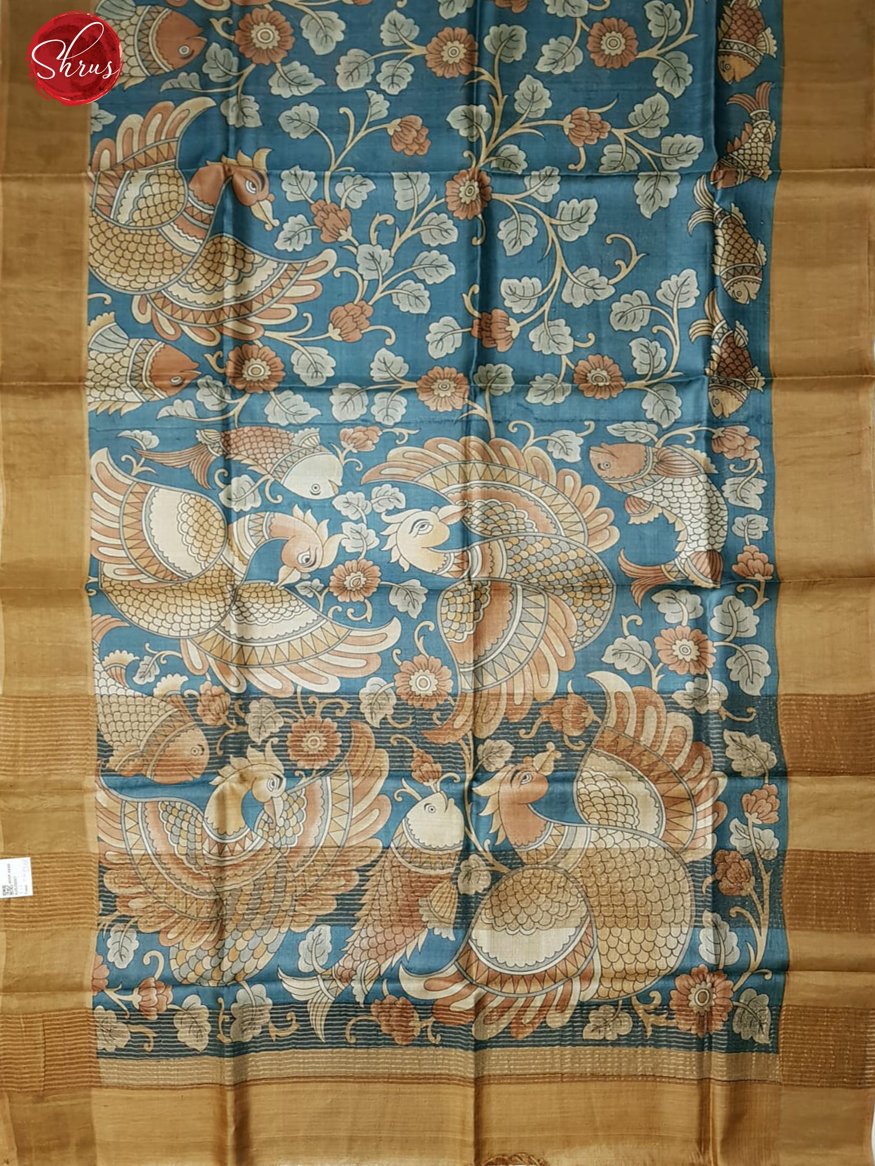 Blue & Brown - Tussar with Kalamkari floral print on the body & Zari Border - Shop on ShrusEternity.com