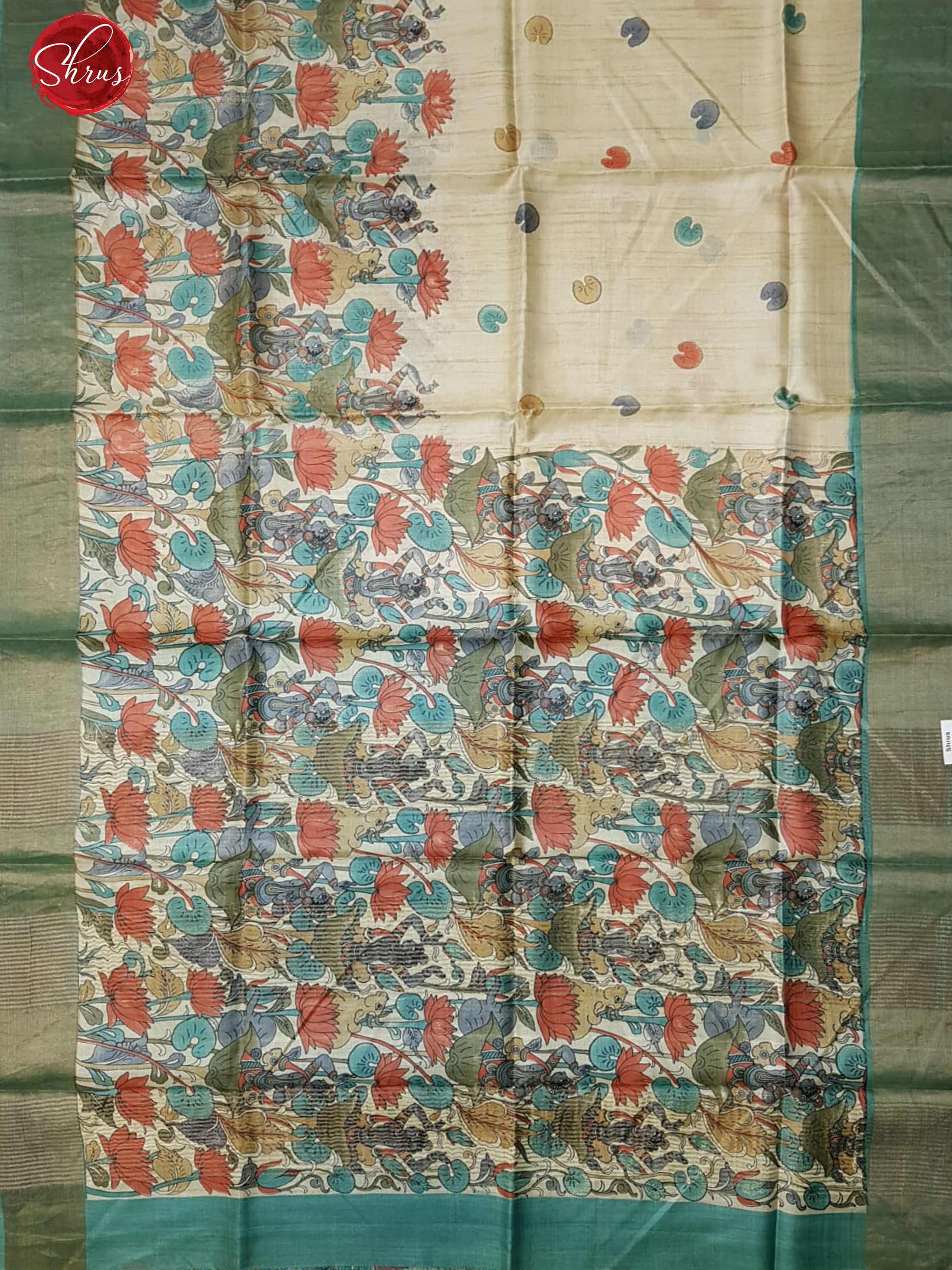 Cream & Blue - Tussar with   floral print on the body & Zari Border - Shop on ShrusEternity.com