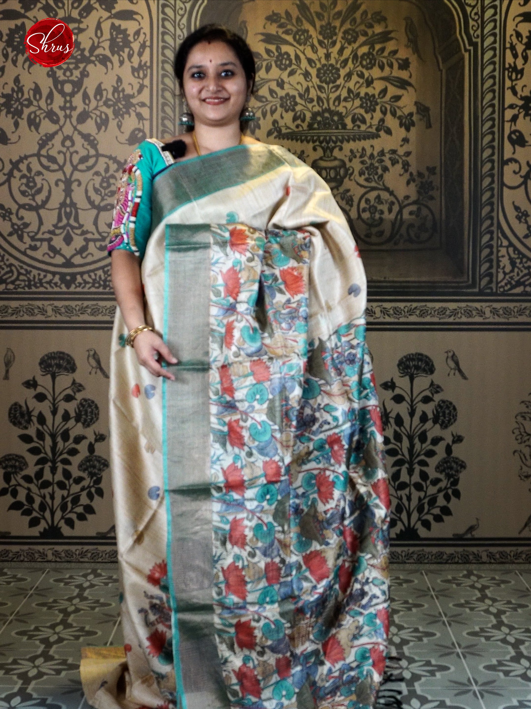 Cream & Blue - Tussar with   floral print on the body & Zari Border - Shop on ShrusEternity.com