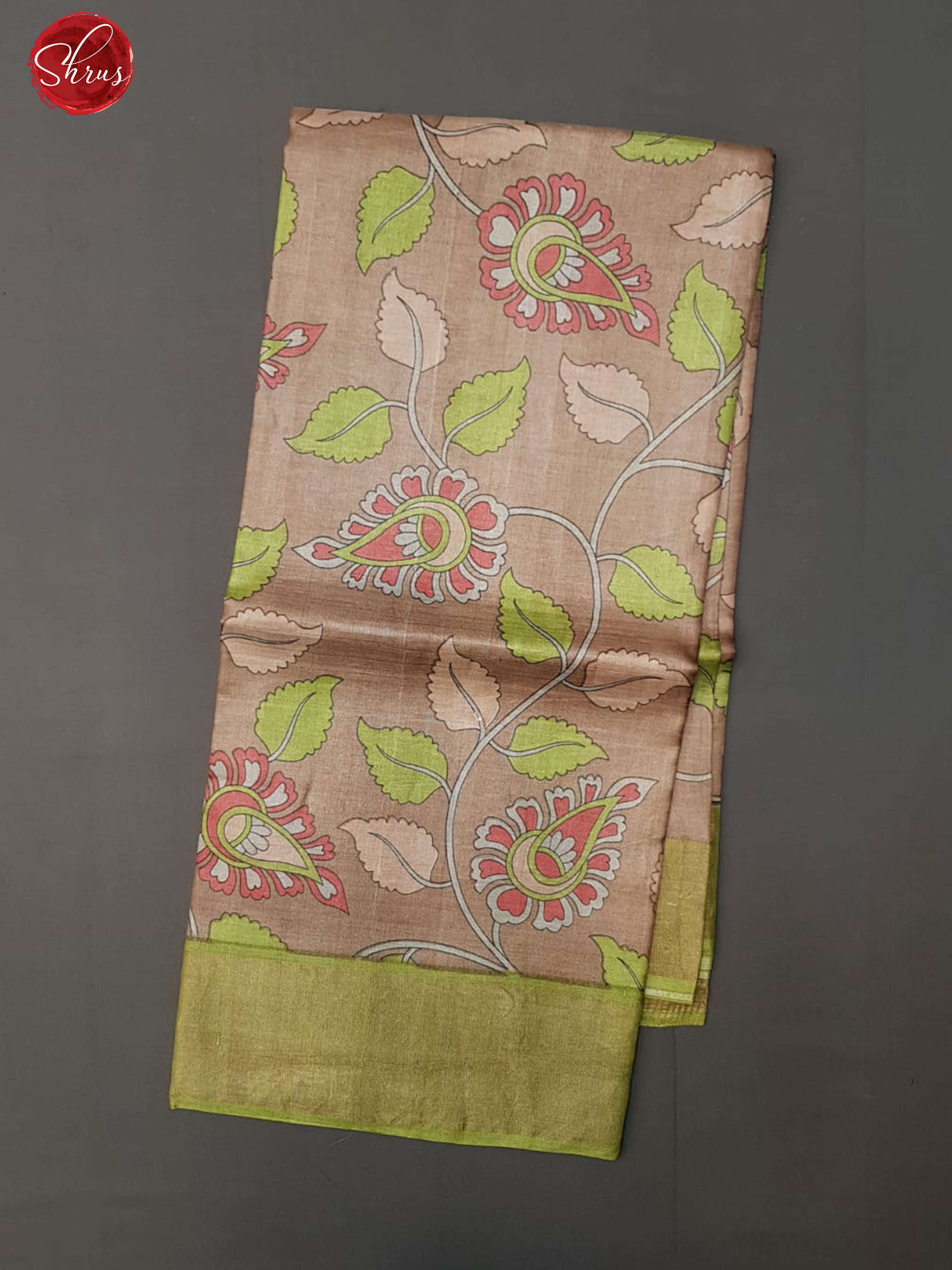 Brown & Green - Tussar with Kalamkari floral print on the body & Zari Border - Shop on ShrusEternity.com