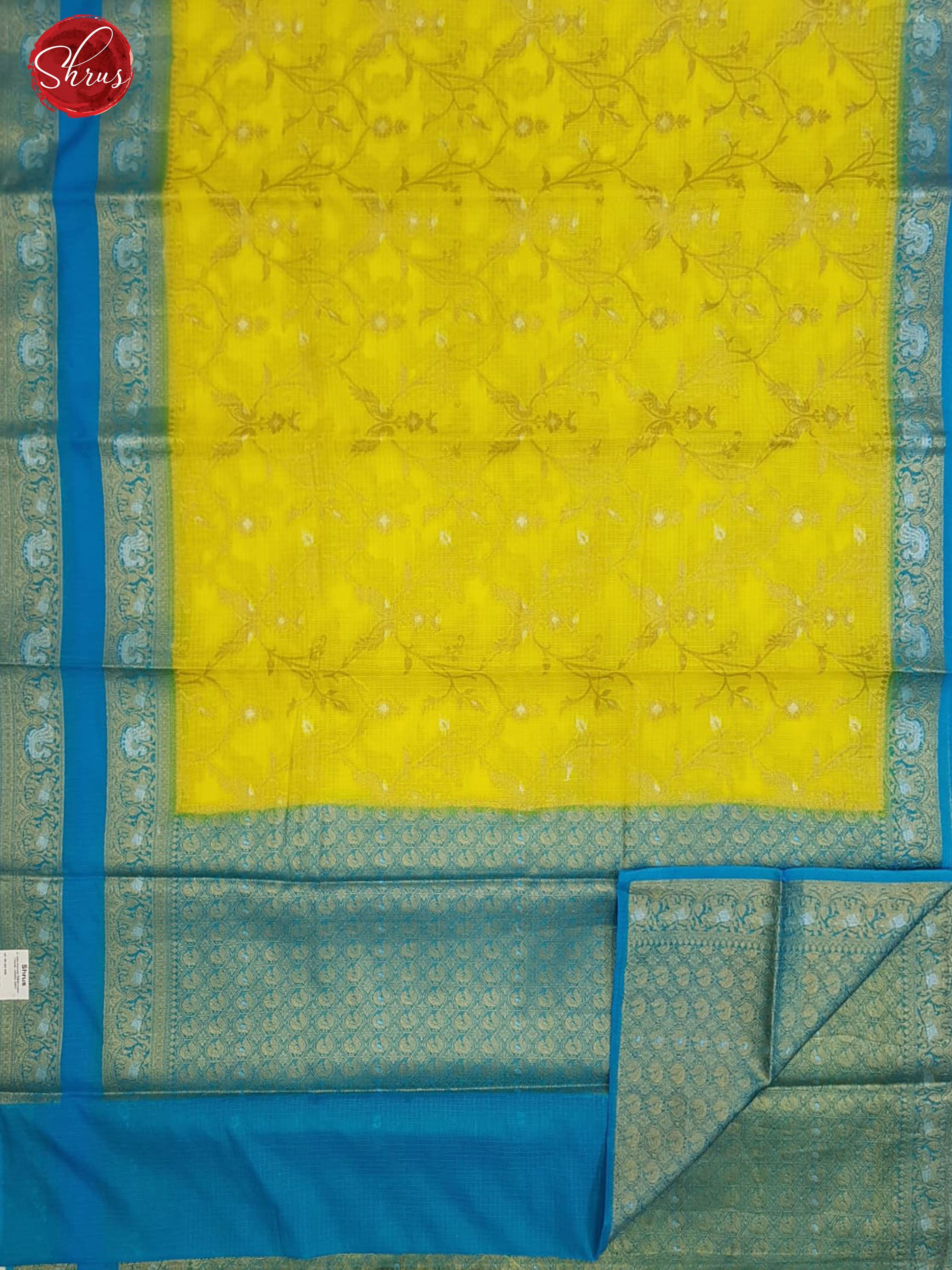 Yellow & Blue - Kota Banarasi with zari woven Peacock , birds buttas in floral nestling on the body & Contrast Zari Border - Shop on ShrusEternity.com