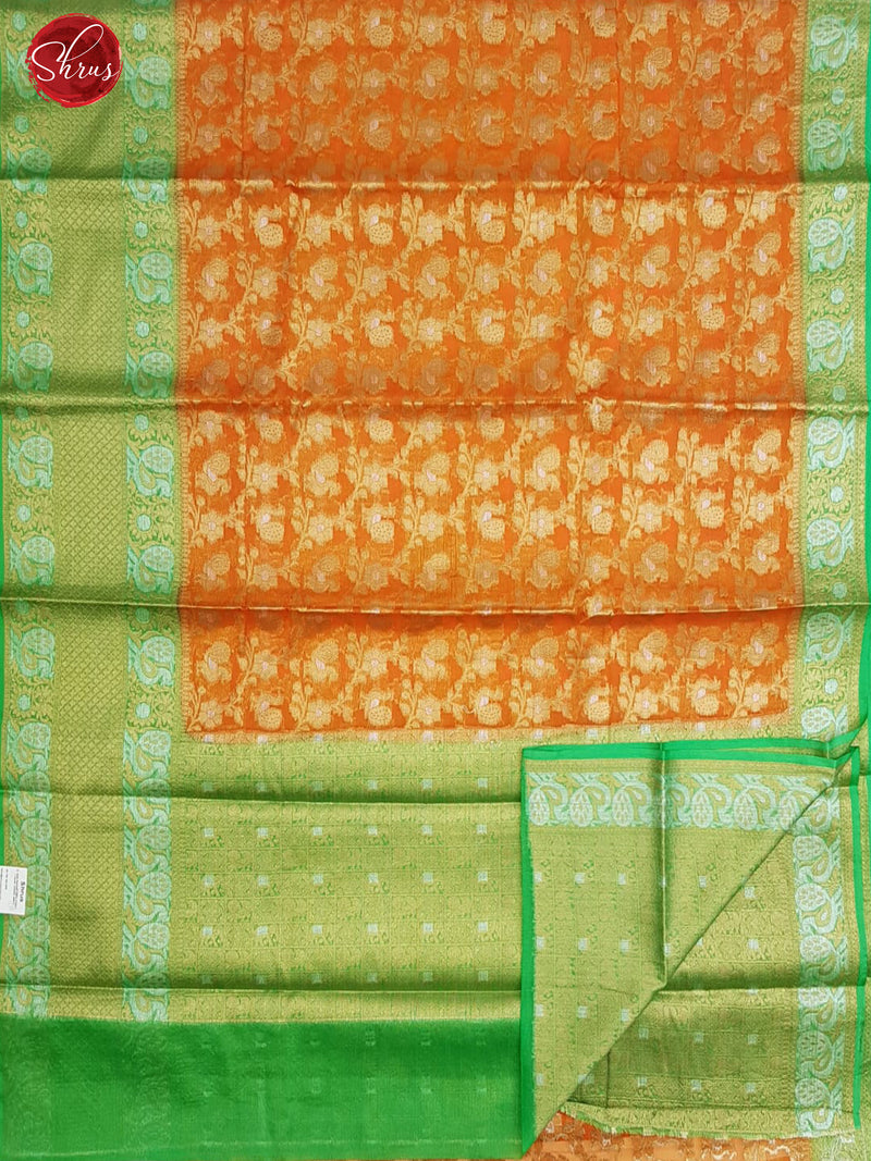 Orange & Green -  Kota Banarasi with zari woven Peacock motifs  on the body & Contrast Zari Border - Shop on ShrusEternity.com